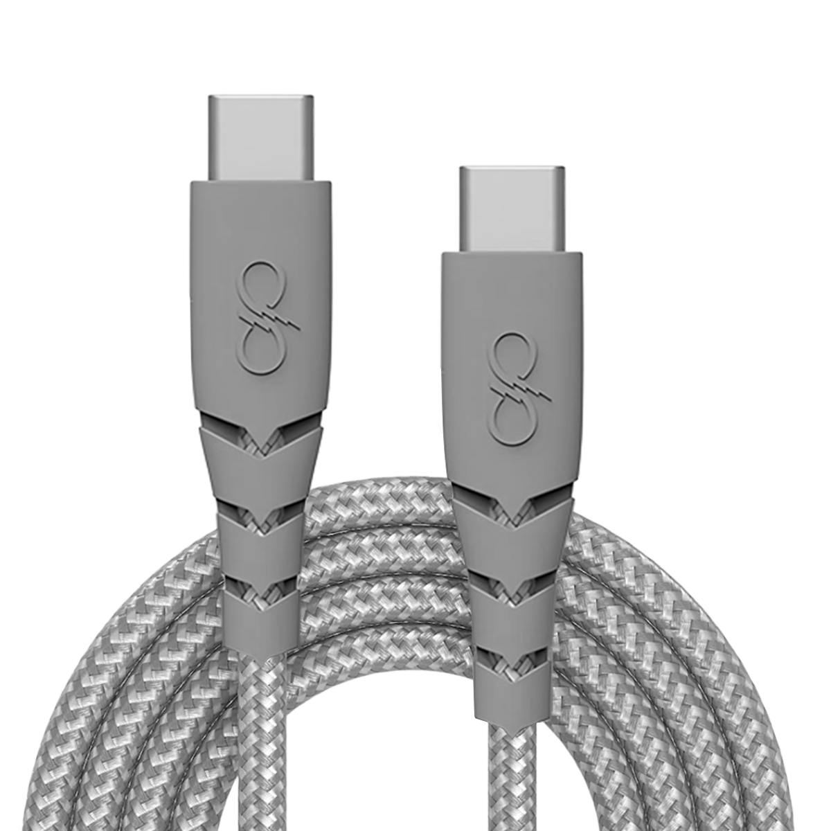 Due cavi USB-C grigi con cavo intrecciato e logo.