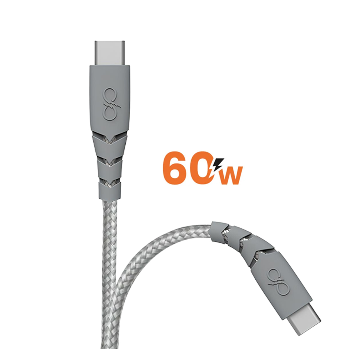 Cavo USB-C grigio con marchio 60W e guaina in tessuto intrecciato.