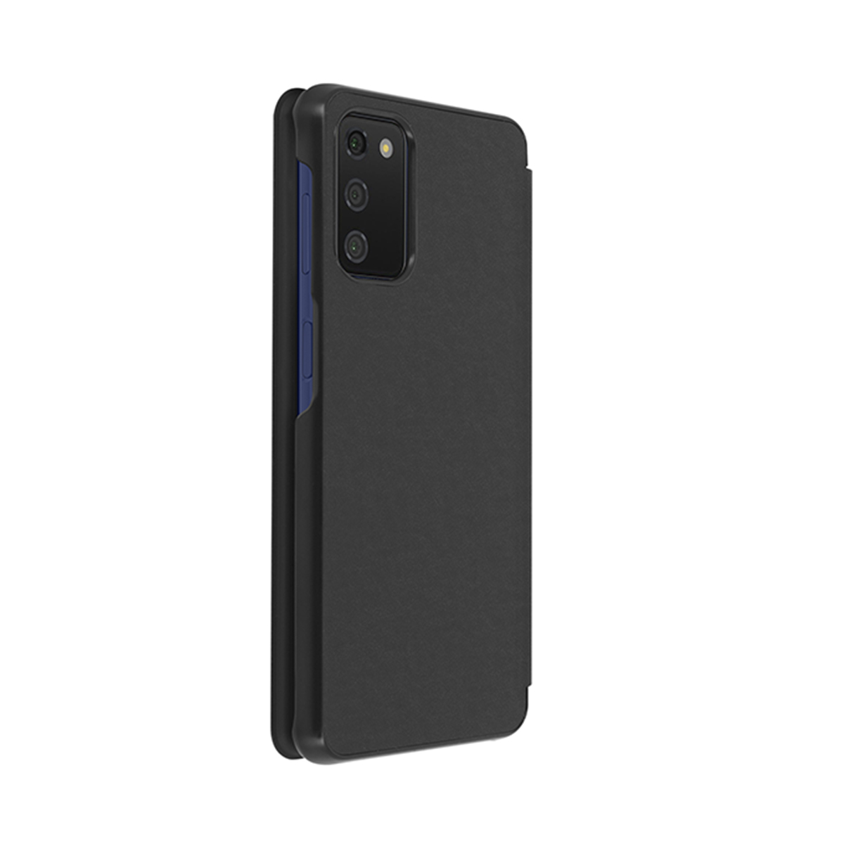 Uno smartphone nero con fotocamere e pulsanti blu.