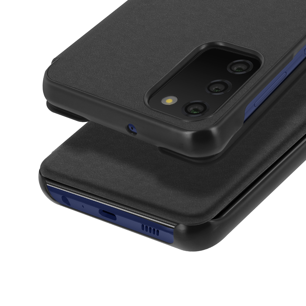 Due custodie nere per telefono con sistema di fotocamere e porta di ricarica.