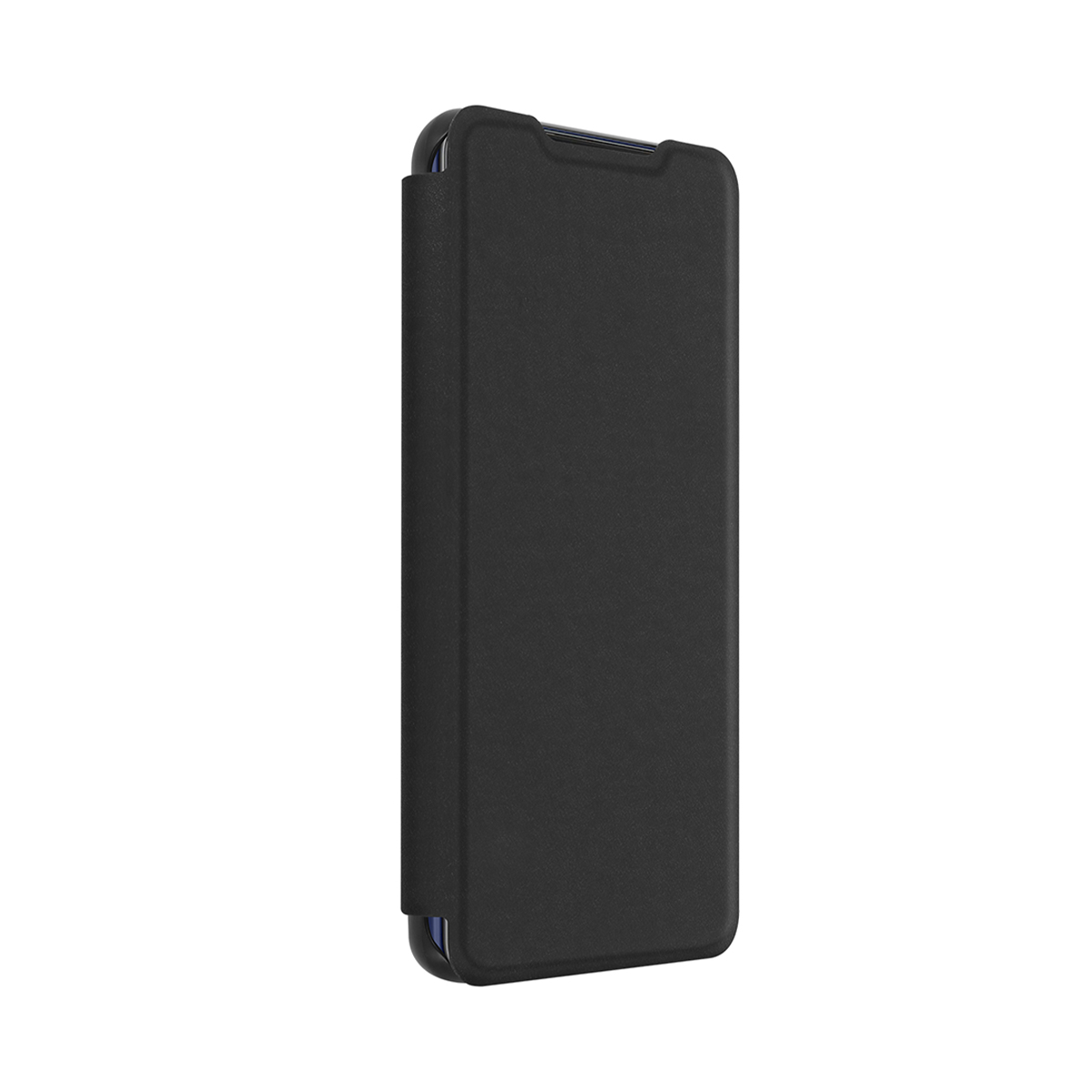 Custodia a libro nera per smartphone, su sfondo bianco.