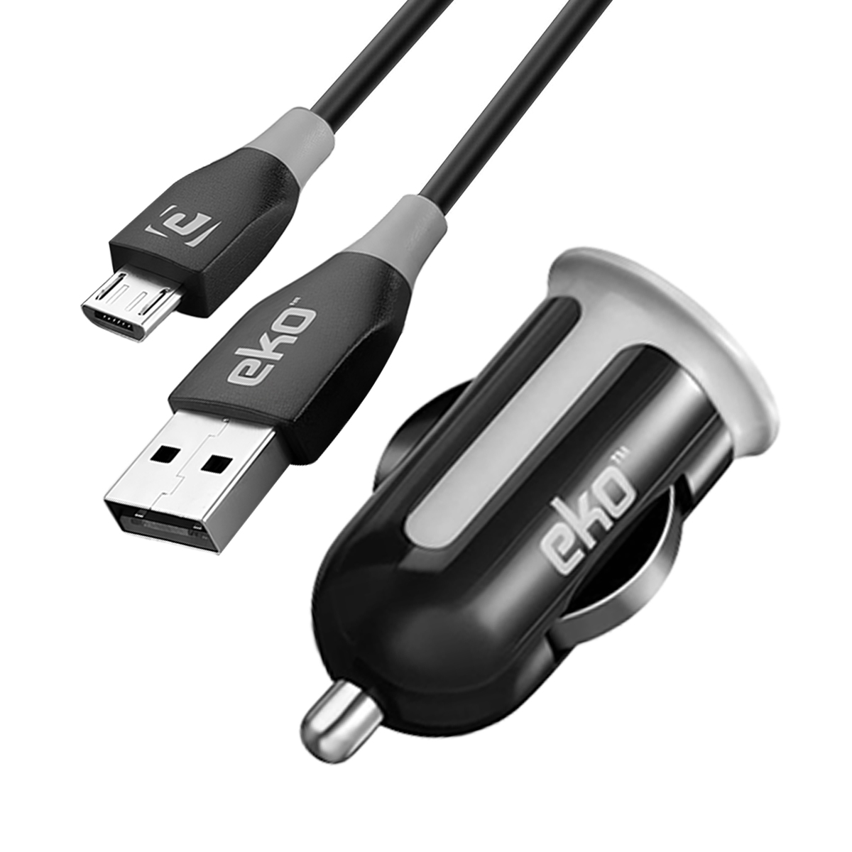Caricatore per auto nero e cavo da USB a Micro USB con logo EKO.