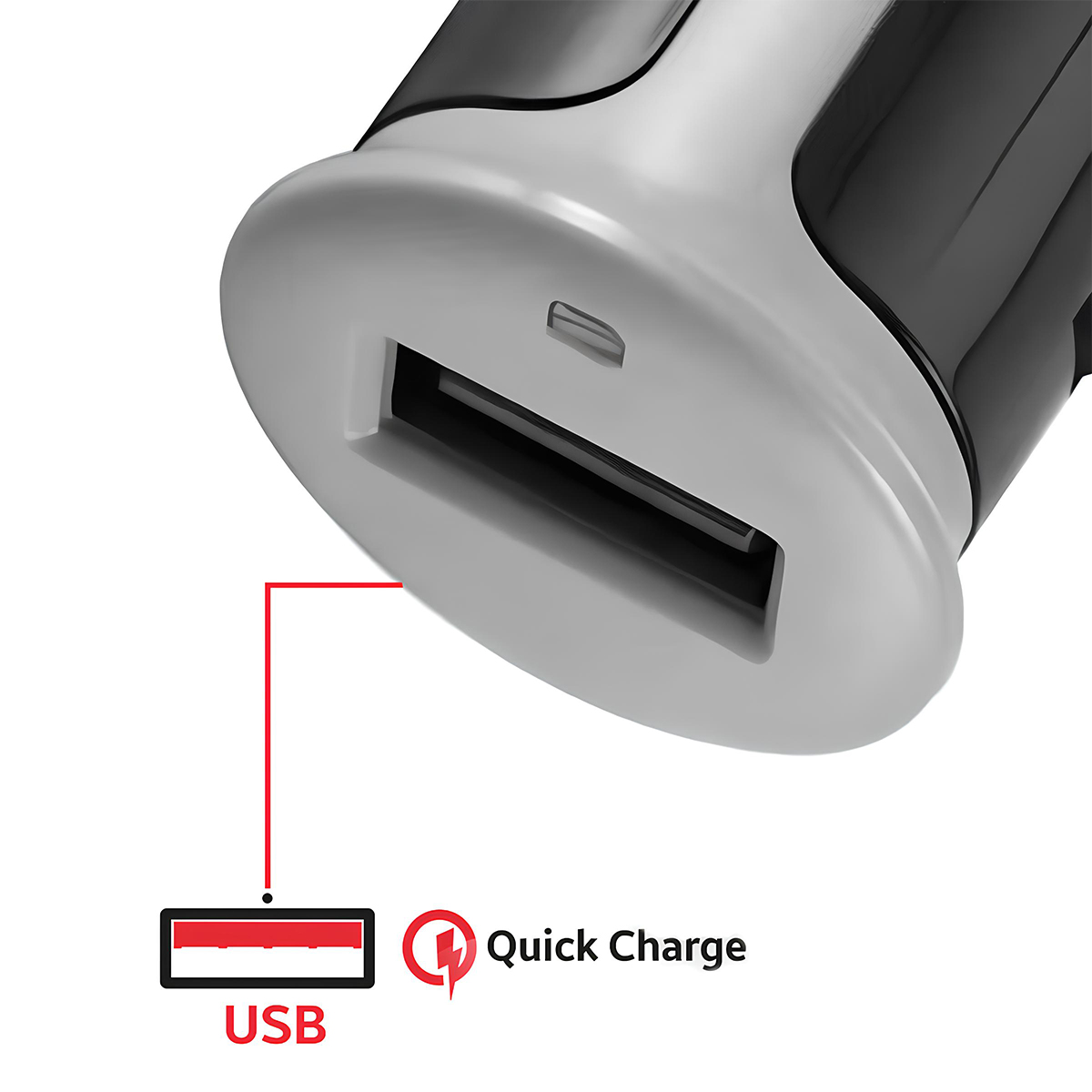 Una porta USB con simbolo di Ricarica Rapida su sfondo bianco.