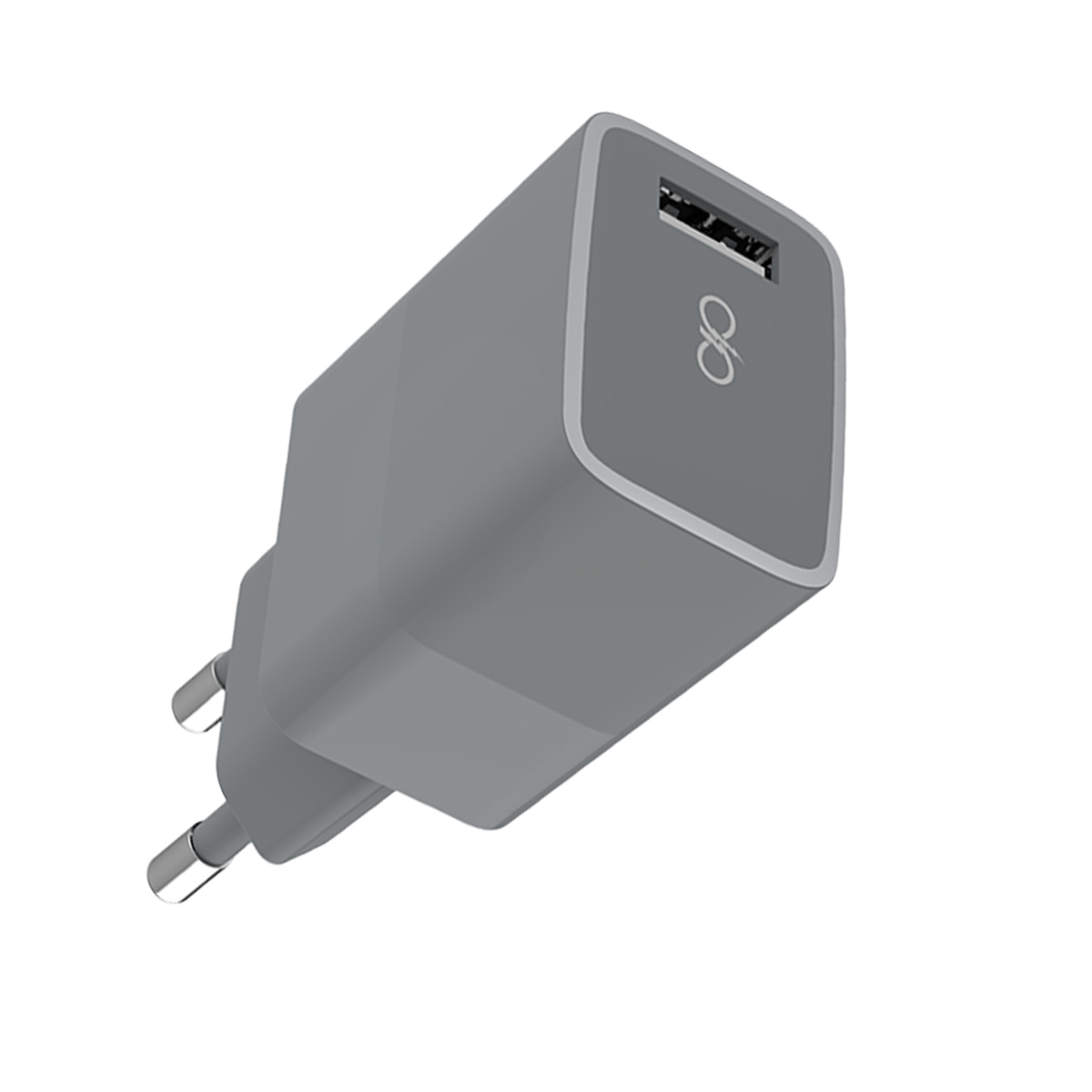 Une prise chargeur USB grise avec un port USB et un logo d'entreprise.