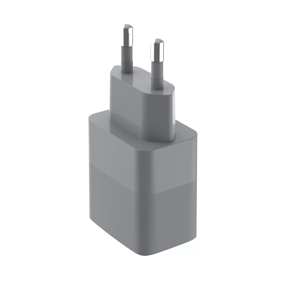 Adaptateur secteur gris avec deux broches argentées, isolé sur blanc.