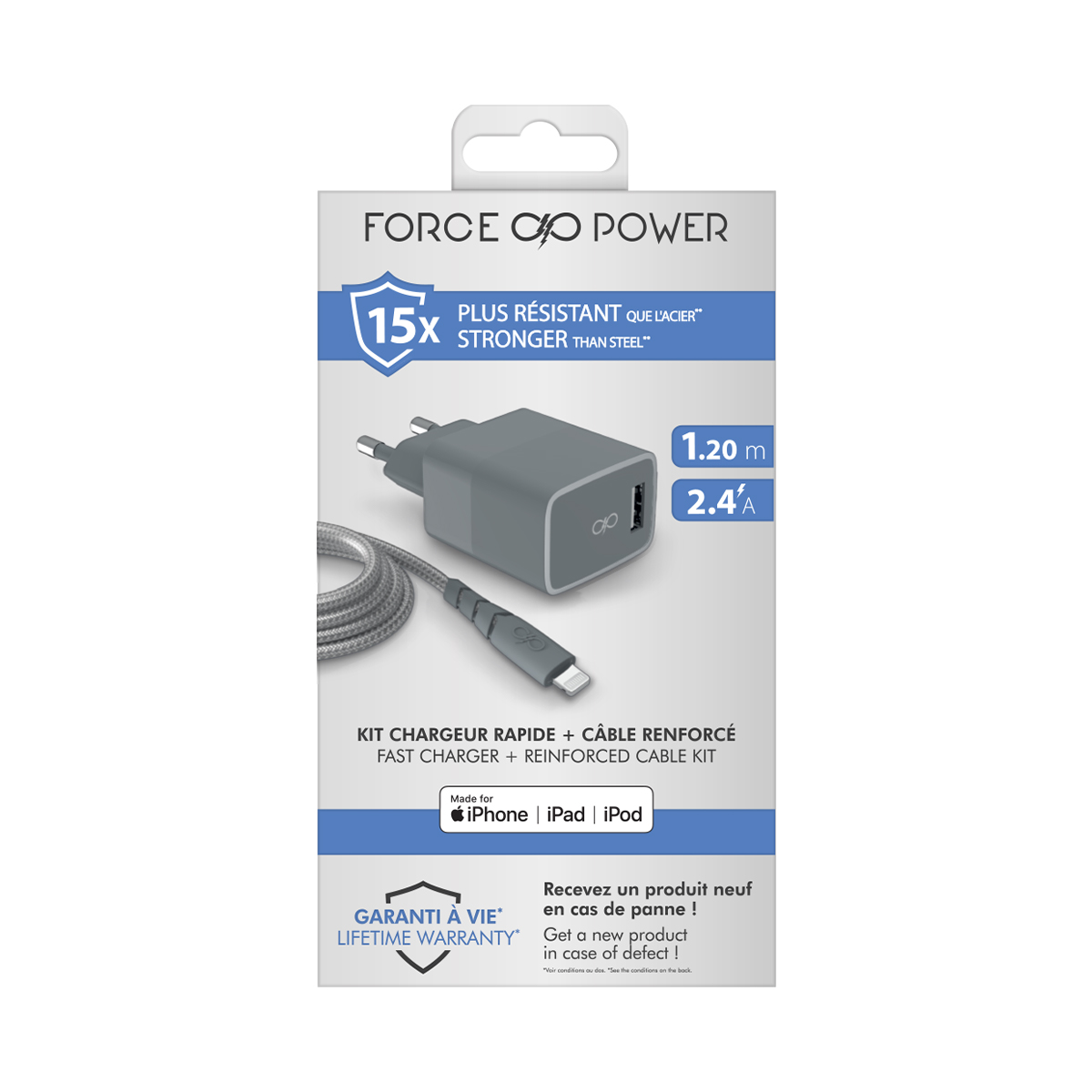 Chargeur gris et câble tressé, 1,20m, 2,4A, pour iPhone, iPad, iPod.