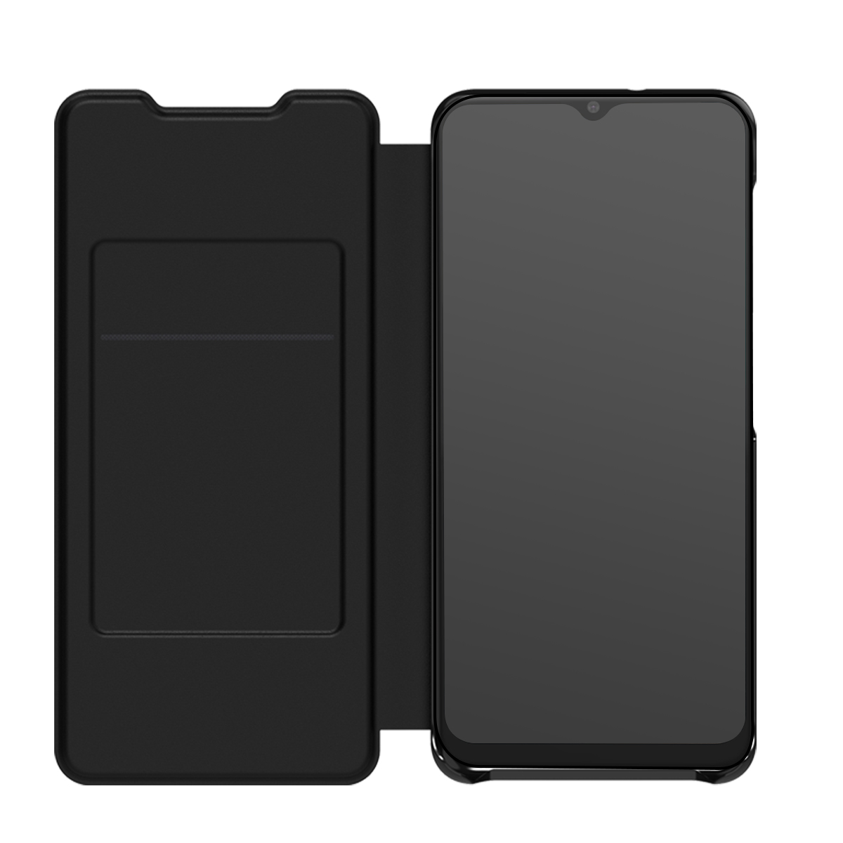 Custodia per telefono nera con copertina apribile che mostra uno slot per carte.