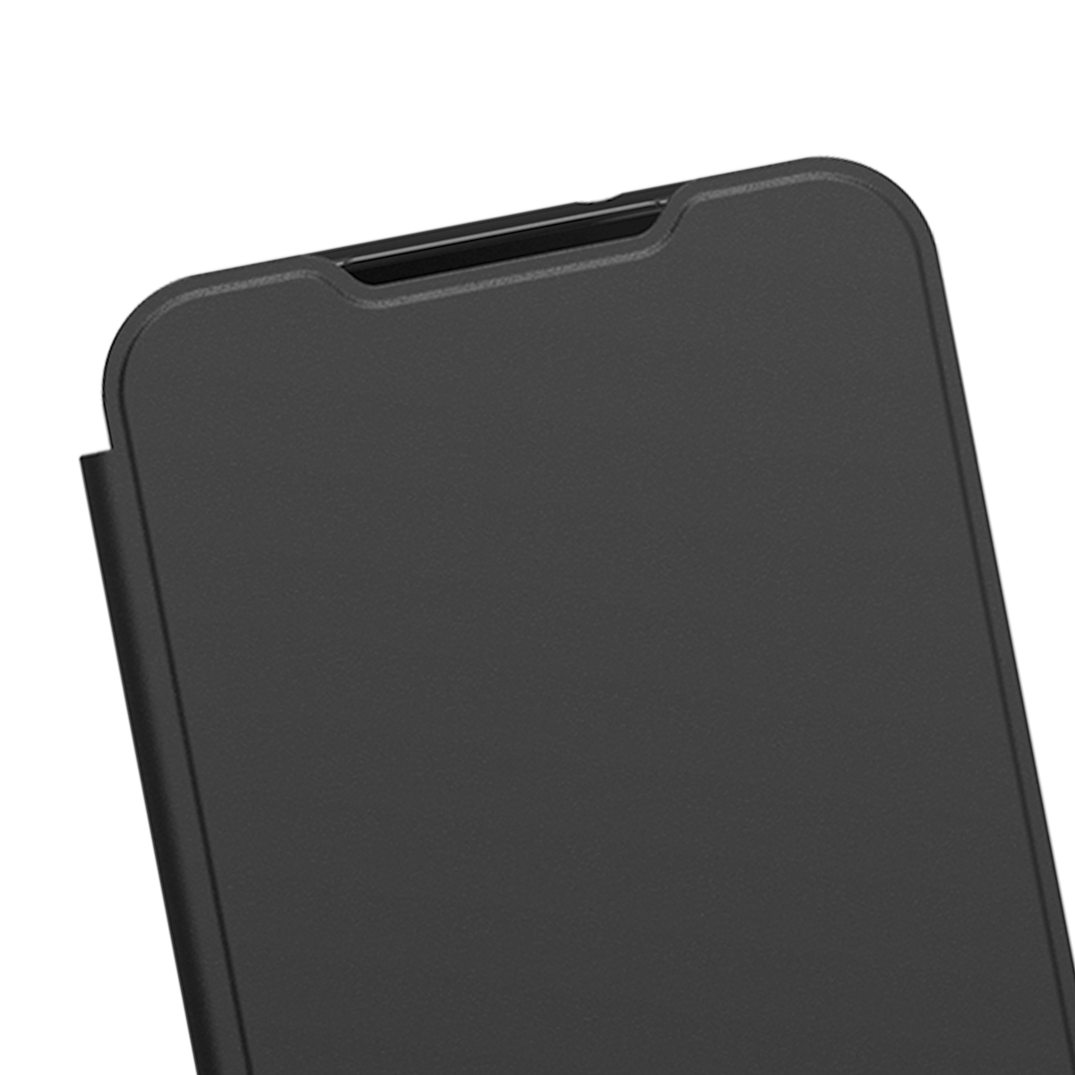 Primo piano di una custodia per telefono nera con ritaglio per fotocamera.