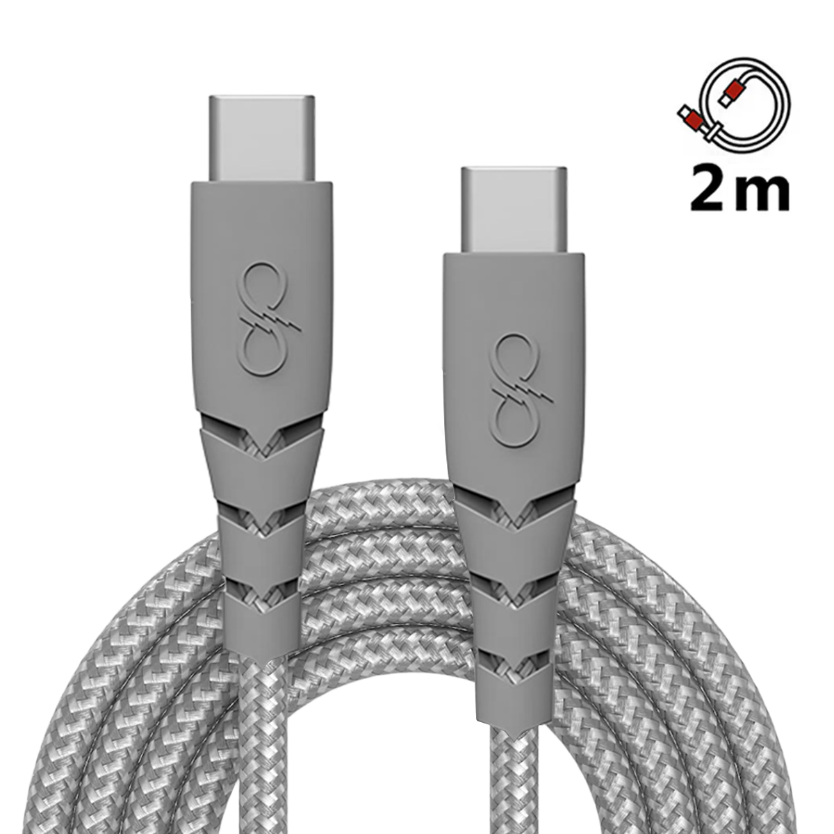 Cavo USB-C grigio con due connettori e icona 2m.