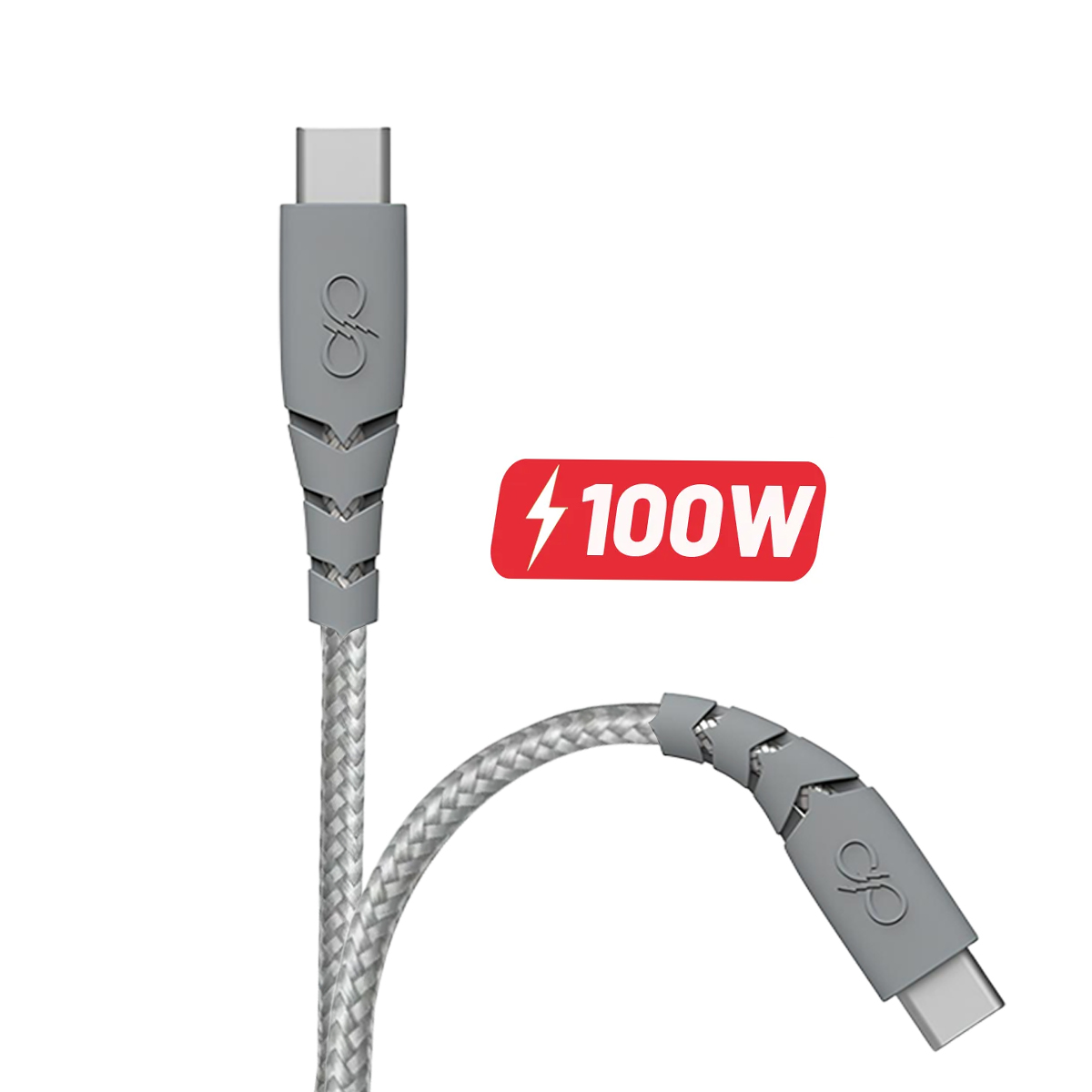Cavo USB-C grigio con logo 100W e filo intrecciato.