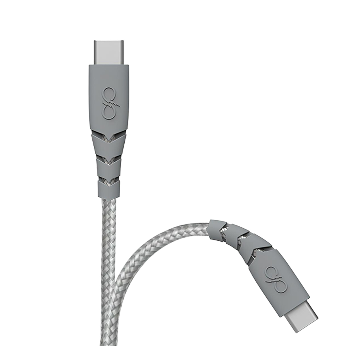 Cavo USB-C grigio con guaina intrecciata e logo.