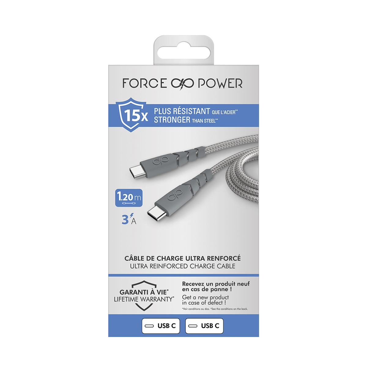Confezione cavo di ricarica USB-C grigio, rinforzato, 1,20 m.