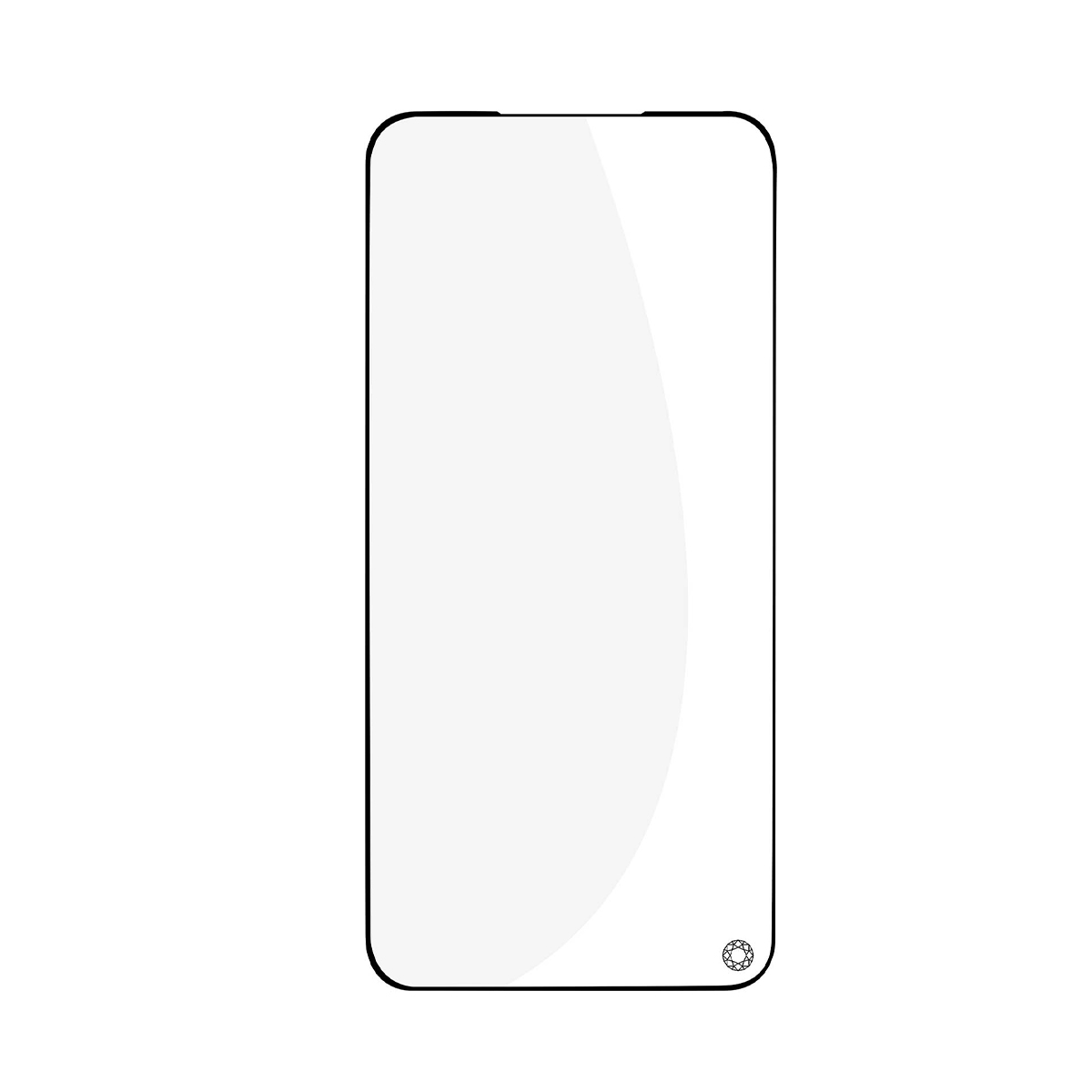 Een heldere schermprotector met afgeronde hoeken en een klein embleem rechtsonder.