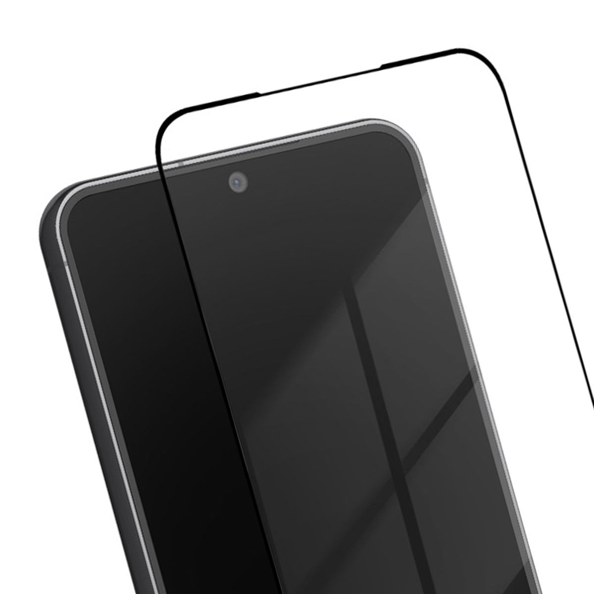Close-up van een zwarte screenprotector op een smartphone scherm.