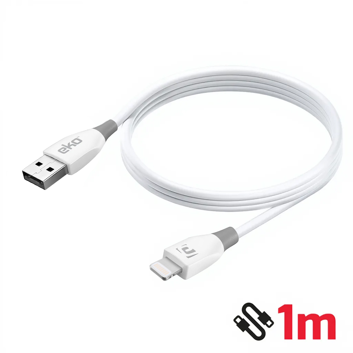 Cavo di ricarica bianco con connettori USB e Lightning, lungo 1m.
