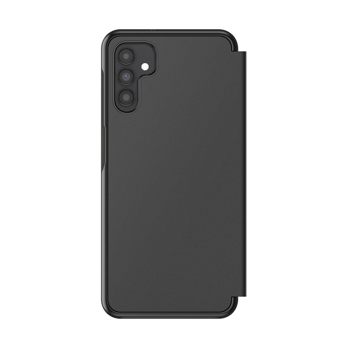 Schwarzes Handy mit drei Kameras und einer Klapphülle, auf weißem Hintergrund.