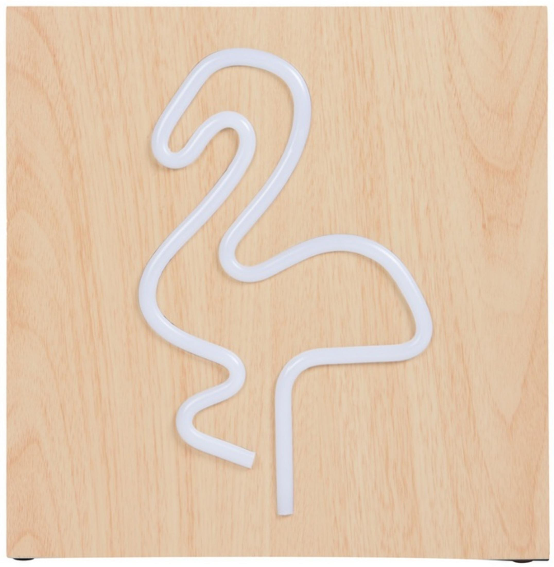 Ein wei9er Flamingo-Neon-Schriftzug auf einem Holzbrett.