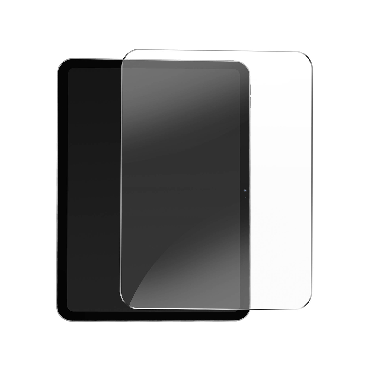 Une tablette noire avec un protecteur d'écran partiellement posé dessus.