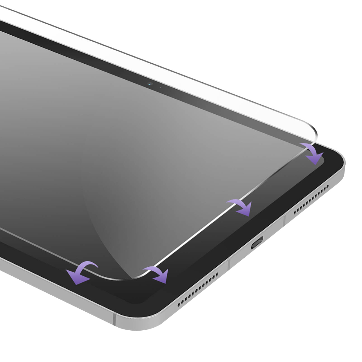 Un protecteur d'écran est placé sur une tablette. Des flèches violettes indiquent l'application.