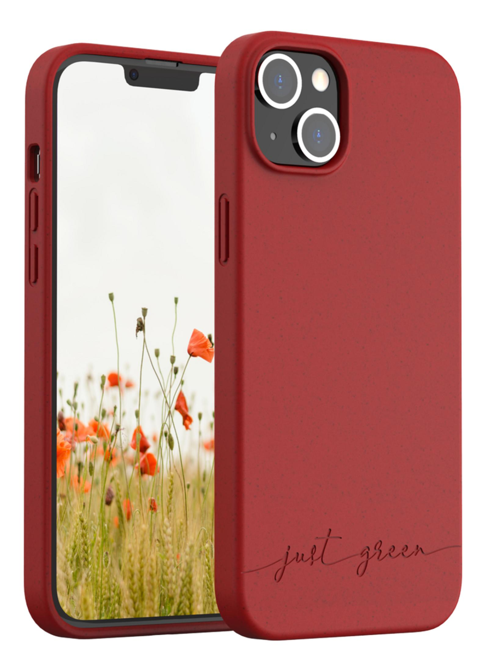 Custodia rossa per telefono con schermo floreale. Testo 'just green'.