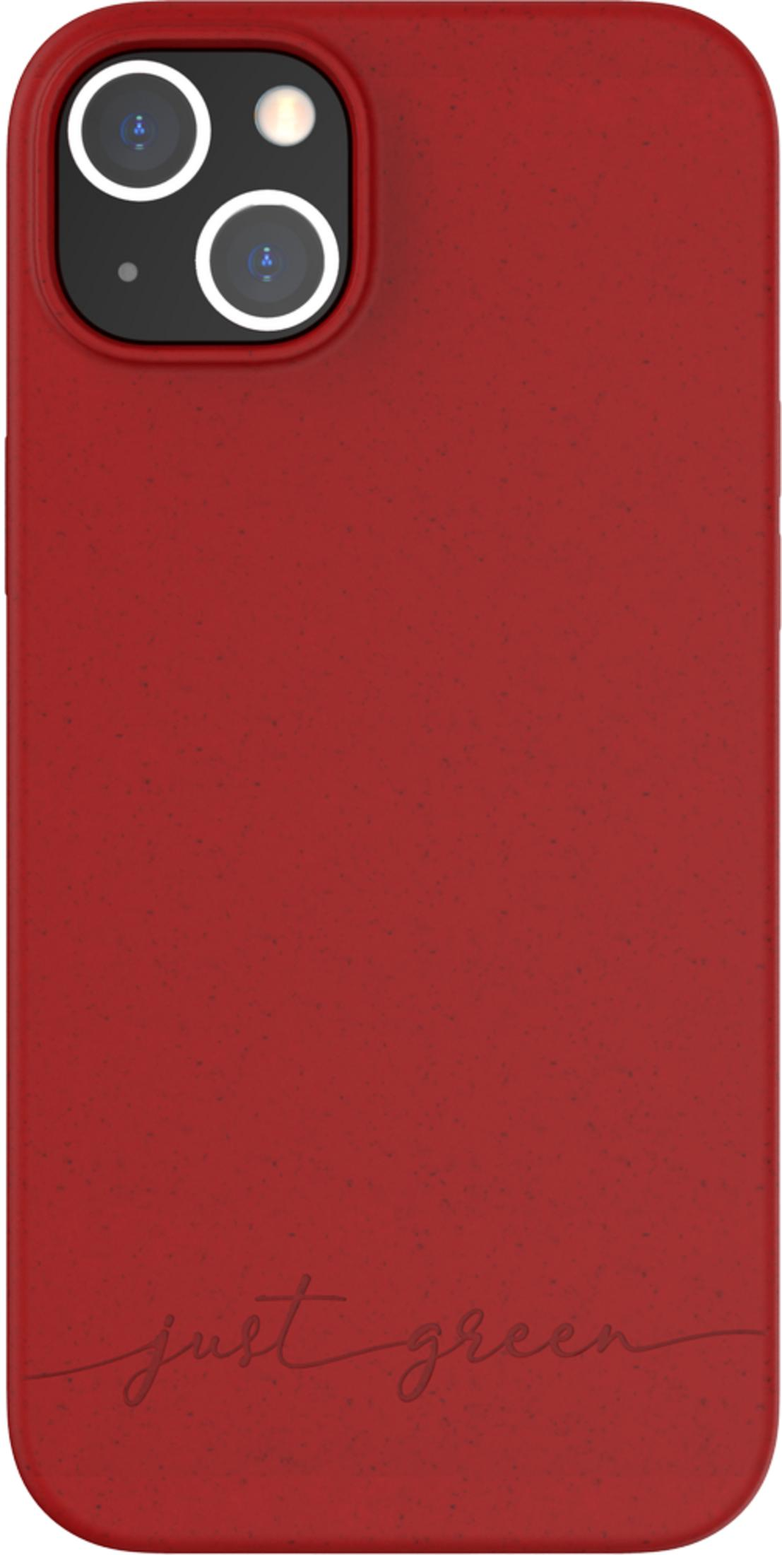 Custodia rossa per telefono con due obiettivi e scritta 'just green'.