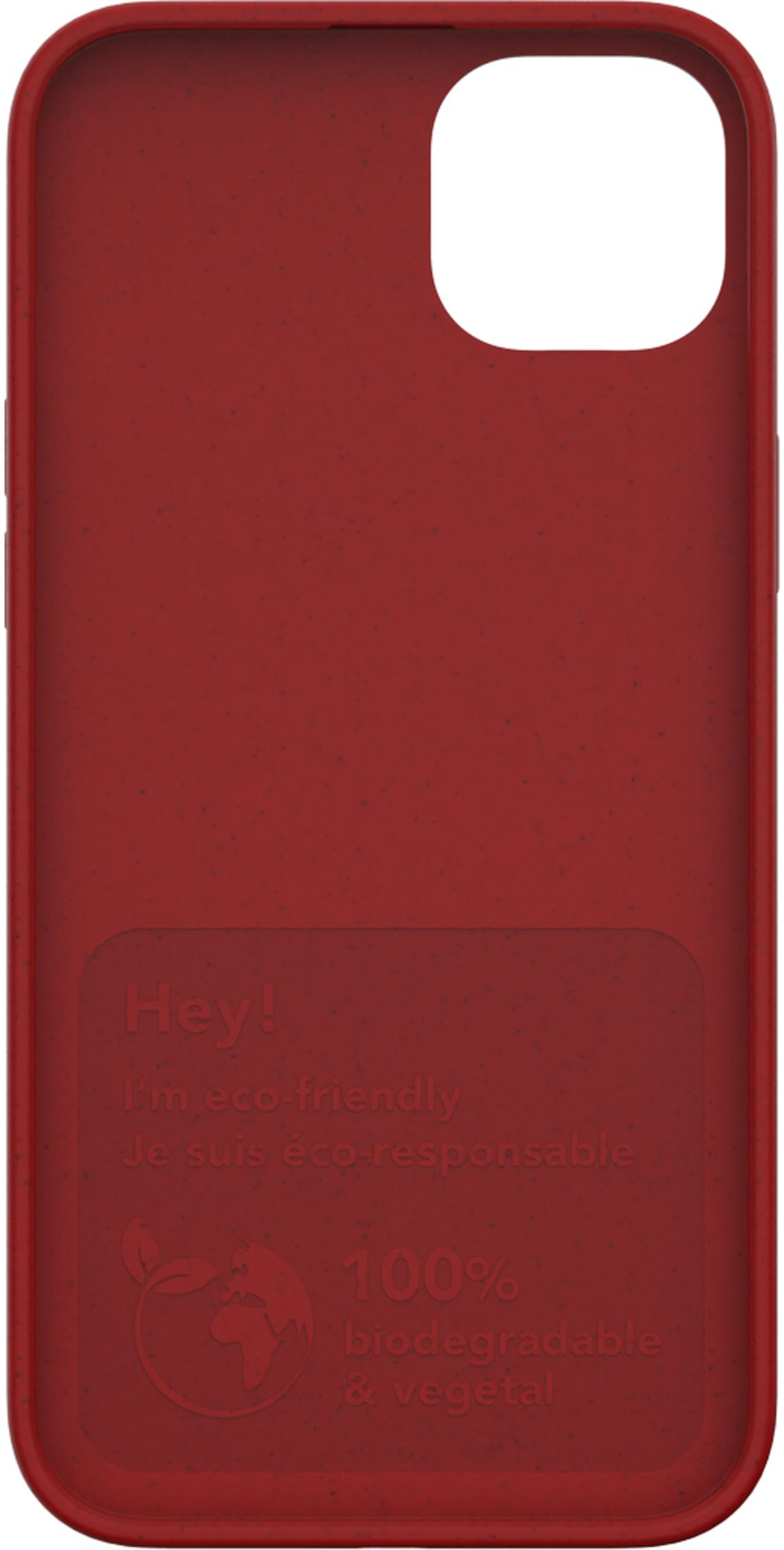 Cover rossa per telefono con testo: 100% biodegradabile e vegetale.
