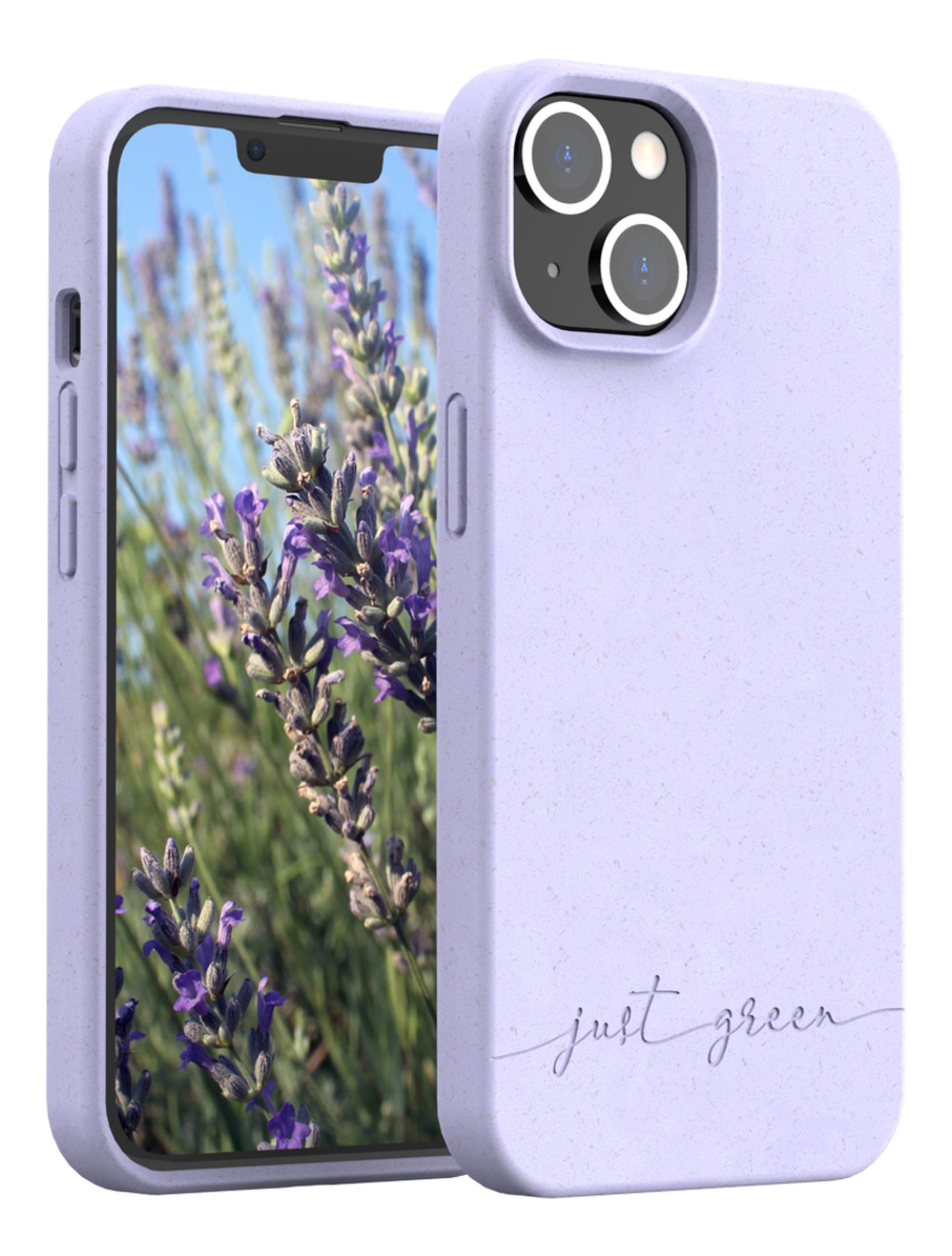 Custodia viola per telefono con sfondo di lavanda e testo 'just green'.