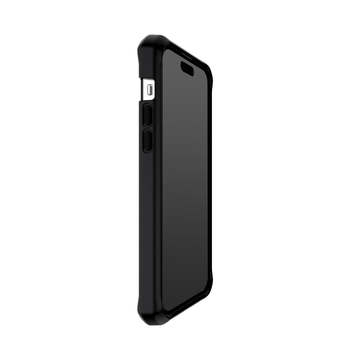Smartphone nero in custodia protettiva nera, mostrato di lato.