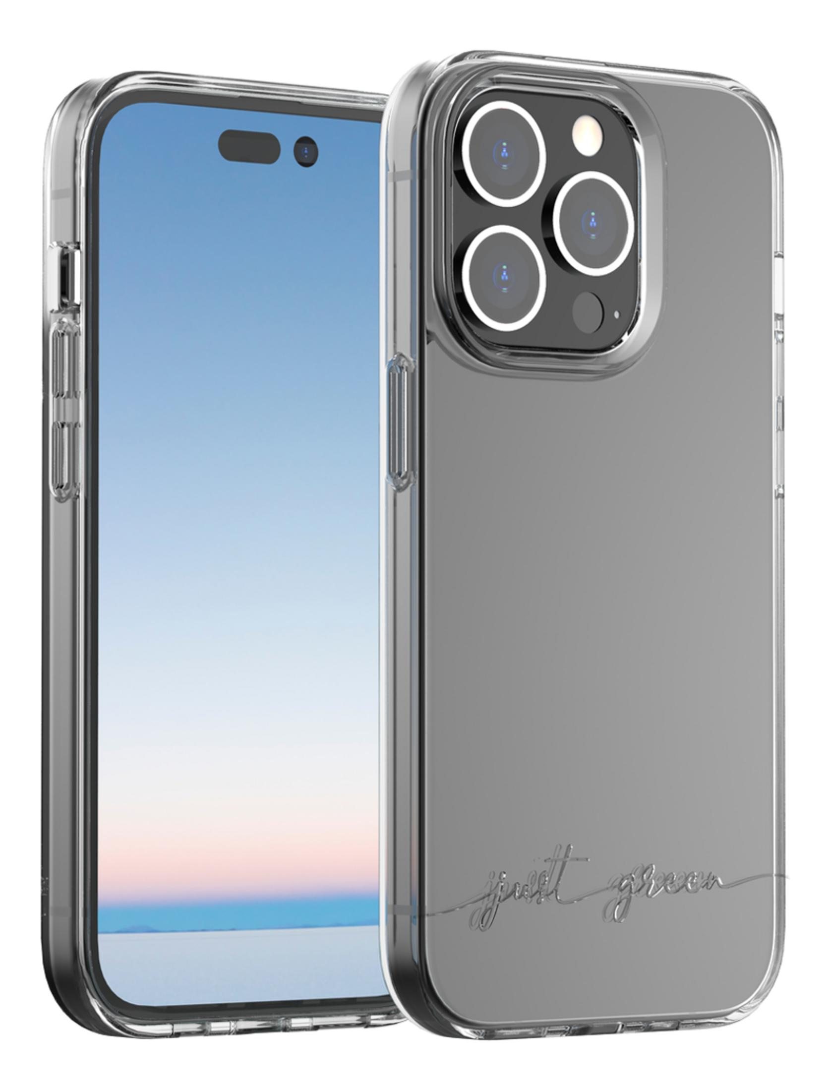 Una cover trasparente per telefono con tripla fotocamera.