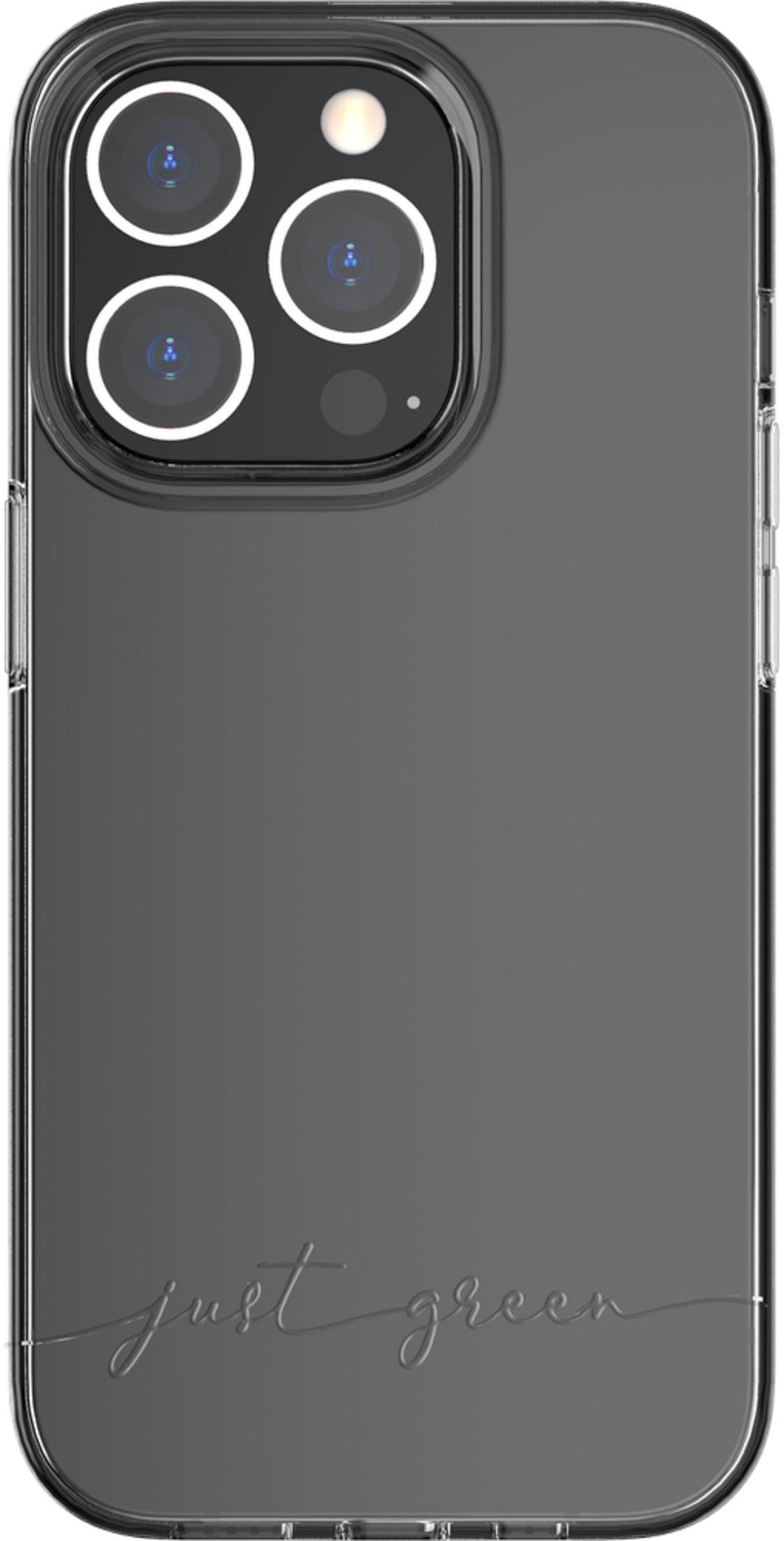 Custodia grigia per telefono con tre fotocamere e testo.