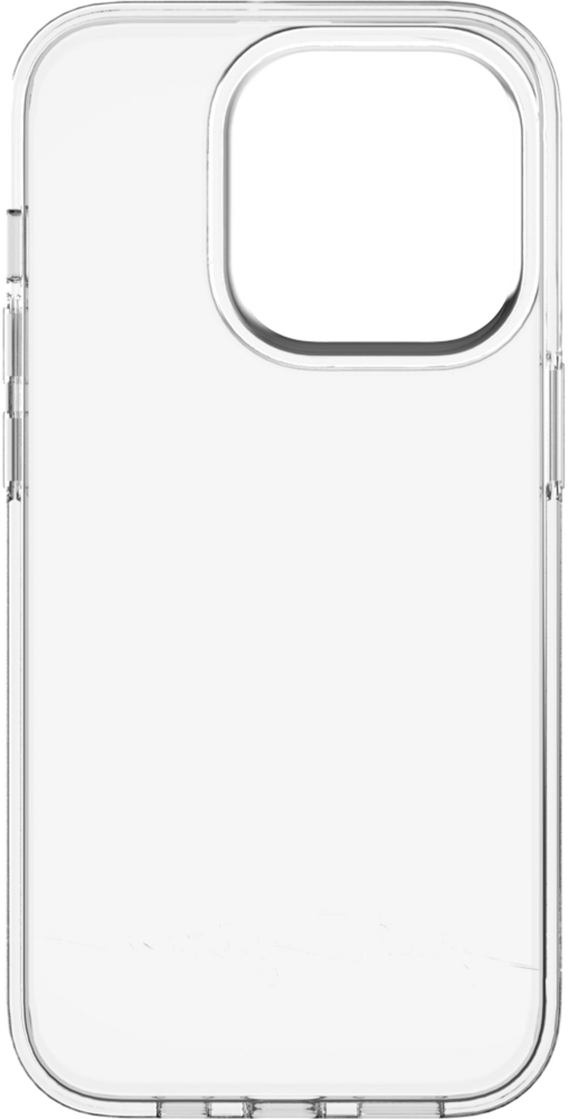 Una cover trasparente per telefono con angoli arrotondati e foro fotocamera.