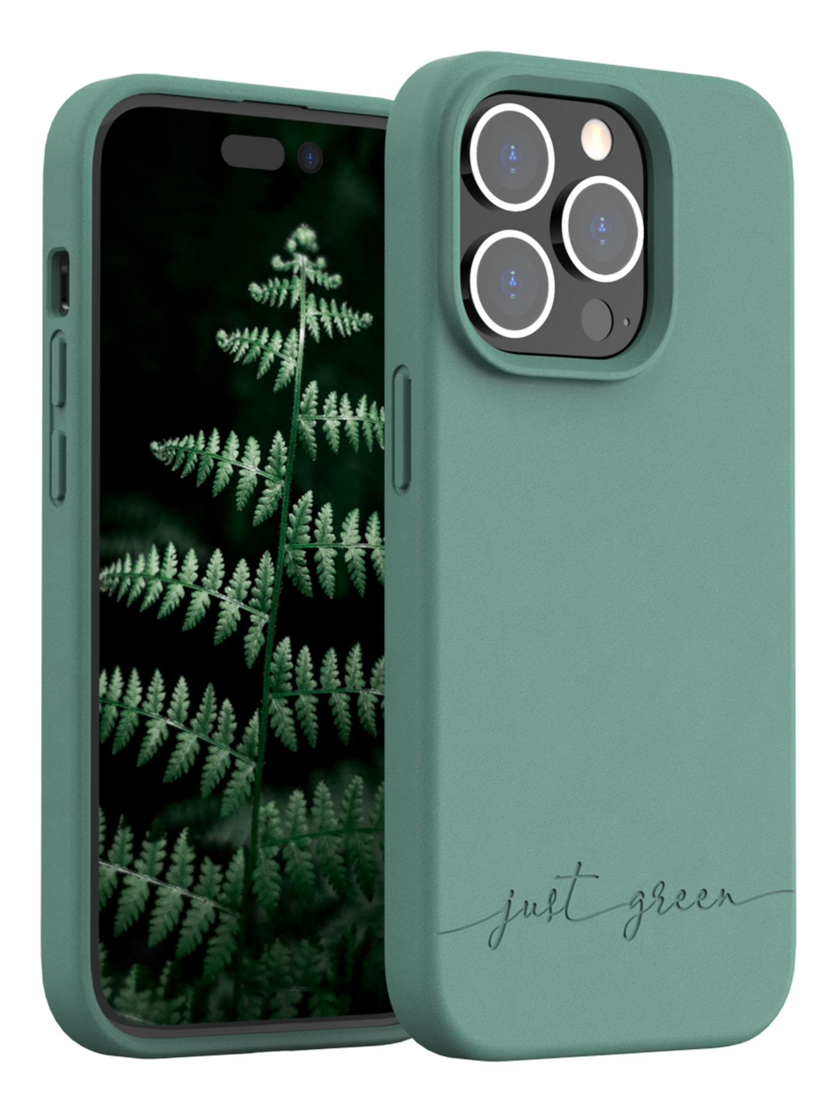 Custodia verde per telefono con sfondo di felce e testo 'just green'.