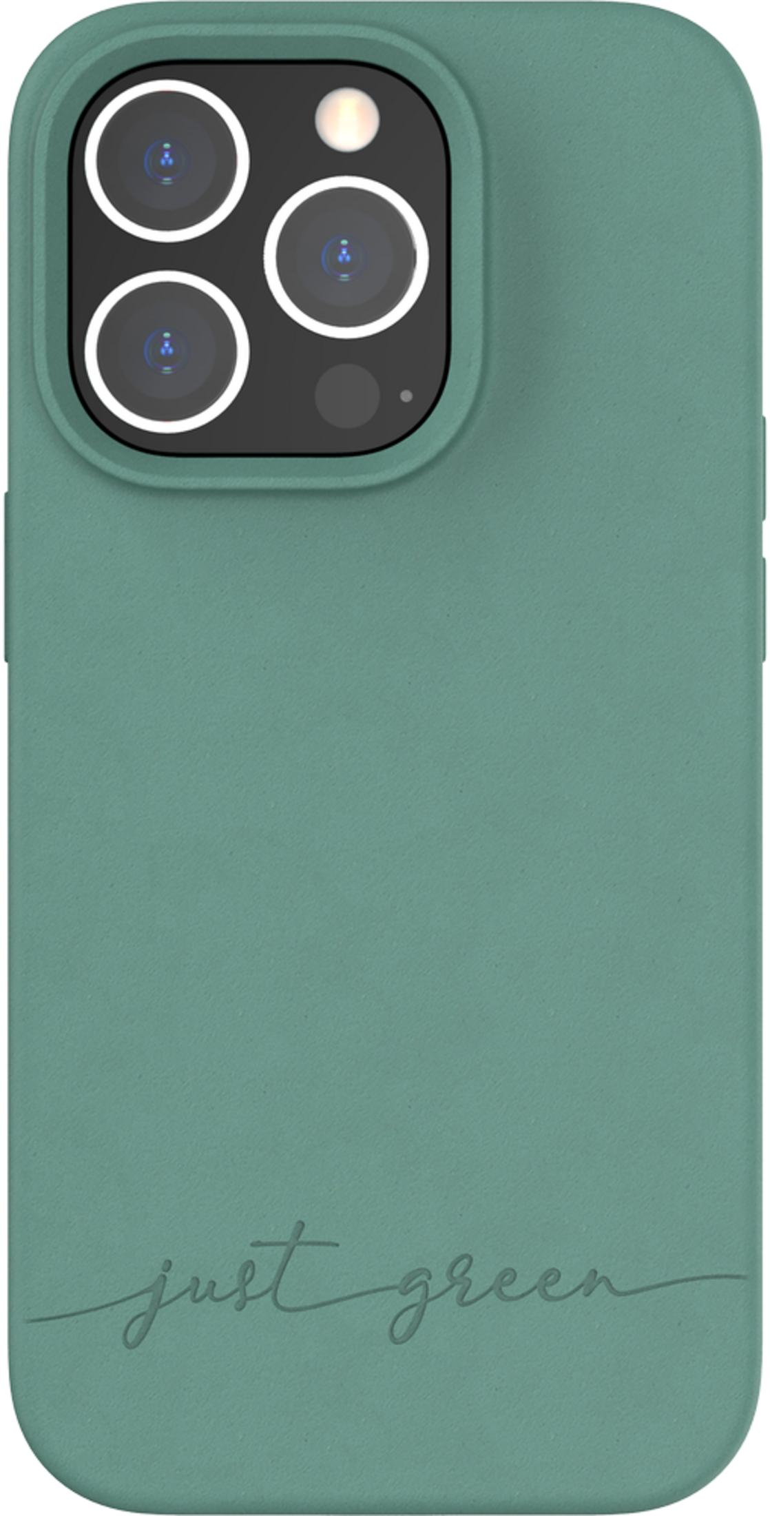 Custodia verde per telefono con fotocamera quadrupla e testo.