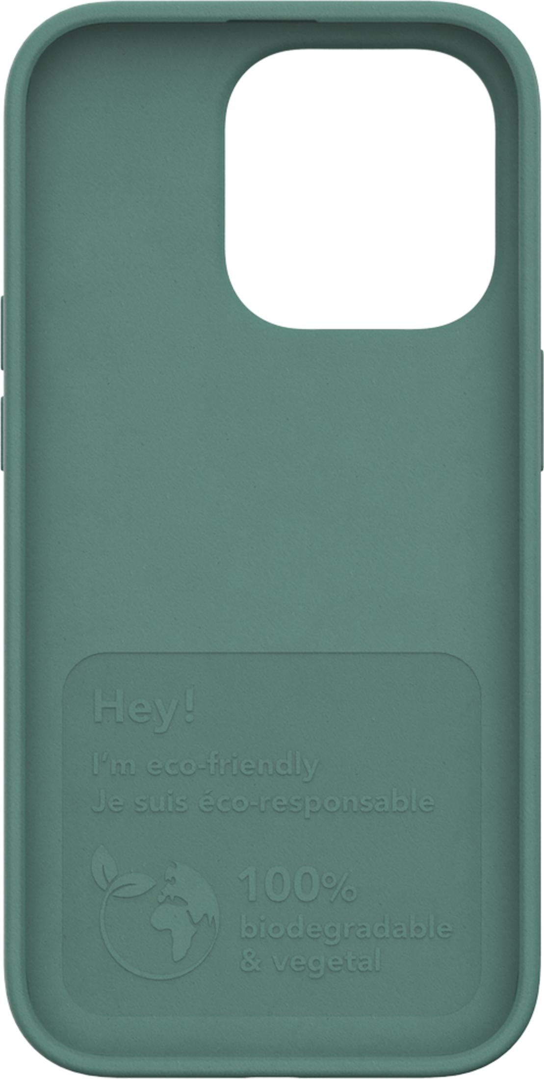 Custodia verde per telefono con testo: Ciao! Sono ecologico. 100% biodegradabile e vegetale.