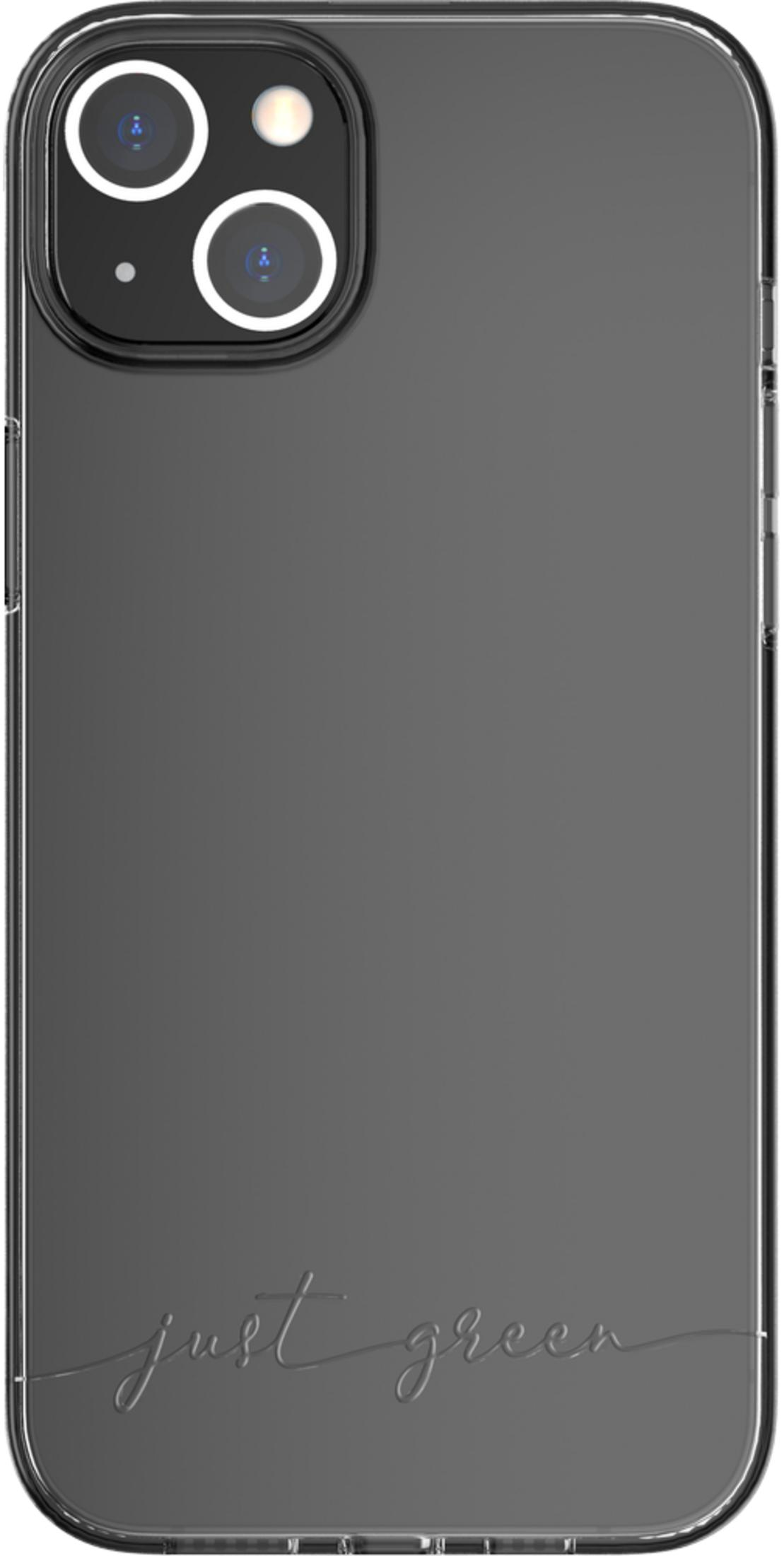 Custodia grigia per telefono con tre fotocamere e testo "just green".