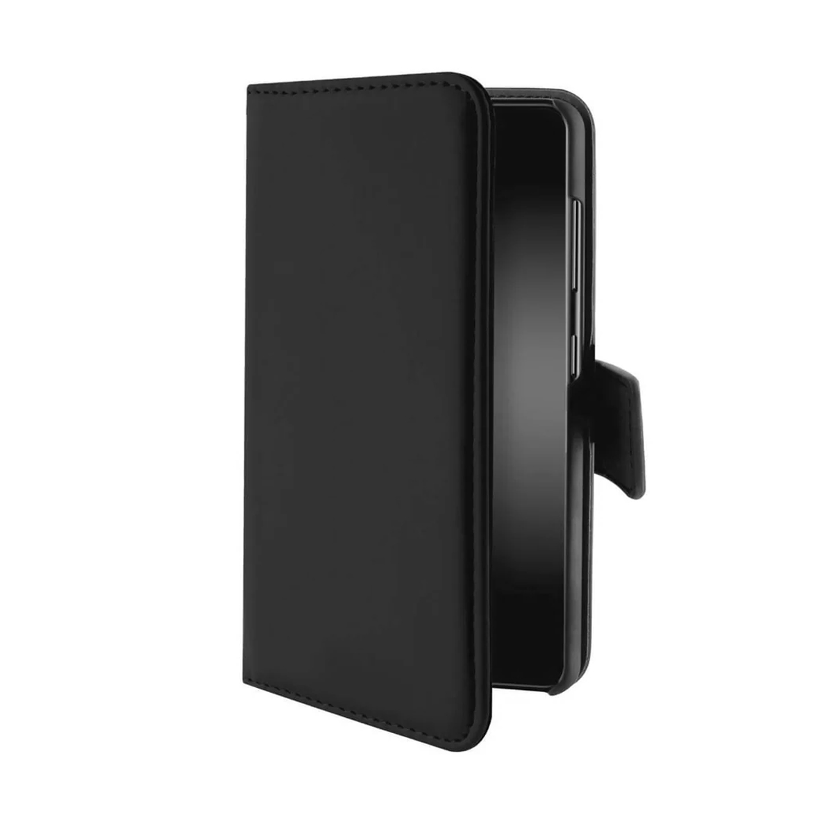 Un telefono cellulare nero in una custodia a flip aperta, visto di lato.