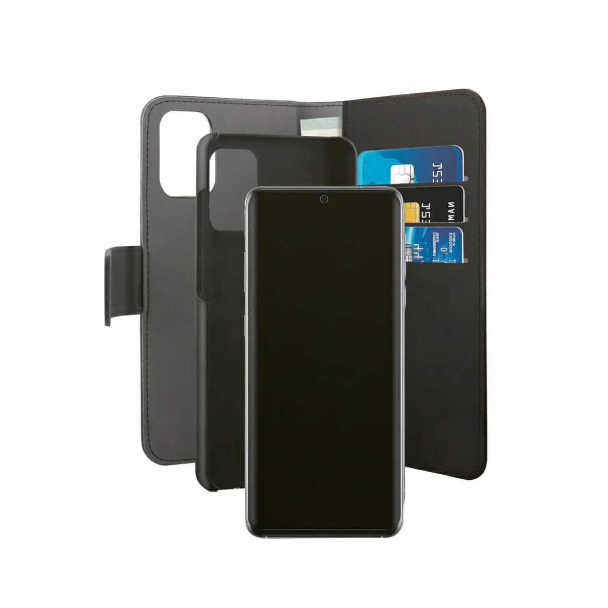 Custodia nera per telefono con slot per carte e telefono inserito.