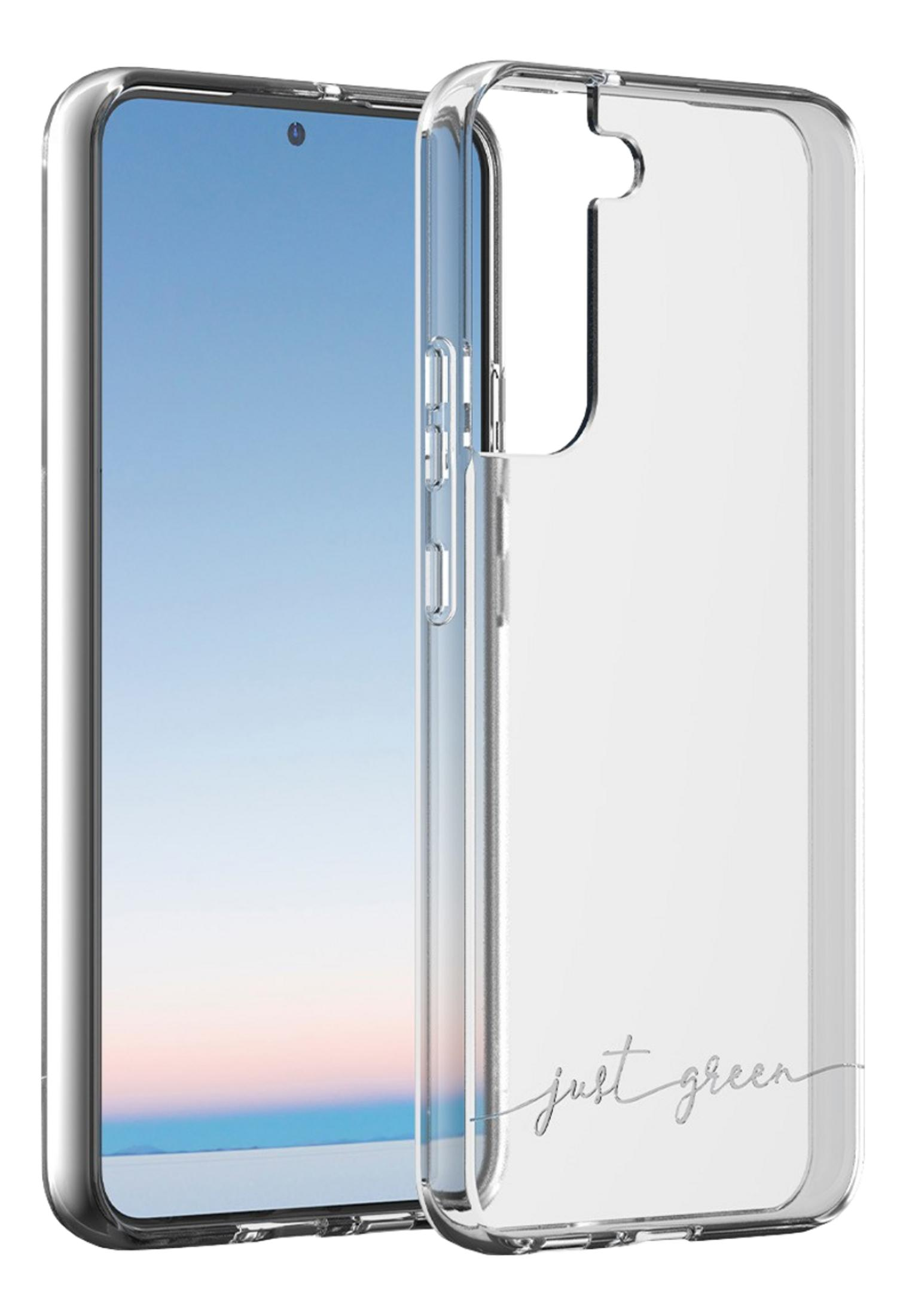 Transparente Handyhülle mit silbernem Schriftzug über einem Handy.