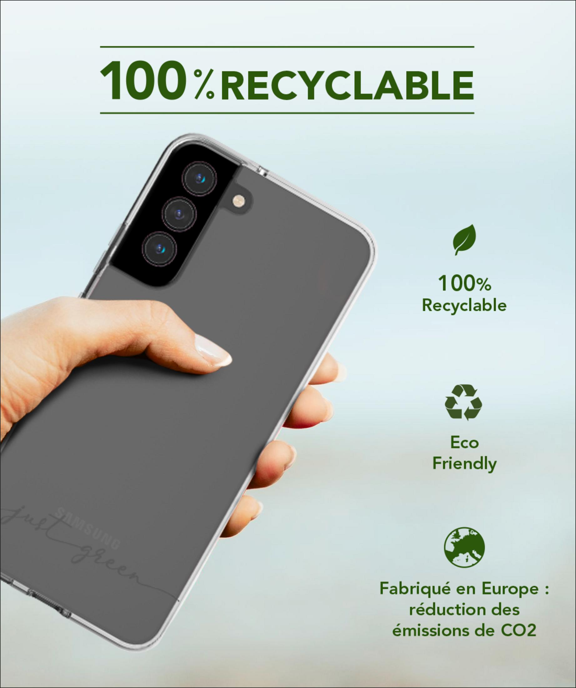 Eine Hand hält ein graues Smartphone mit der Aufschrift „100% recycelbar“.