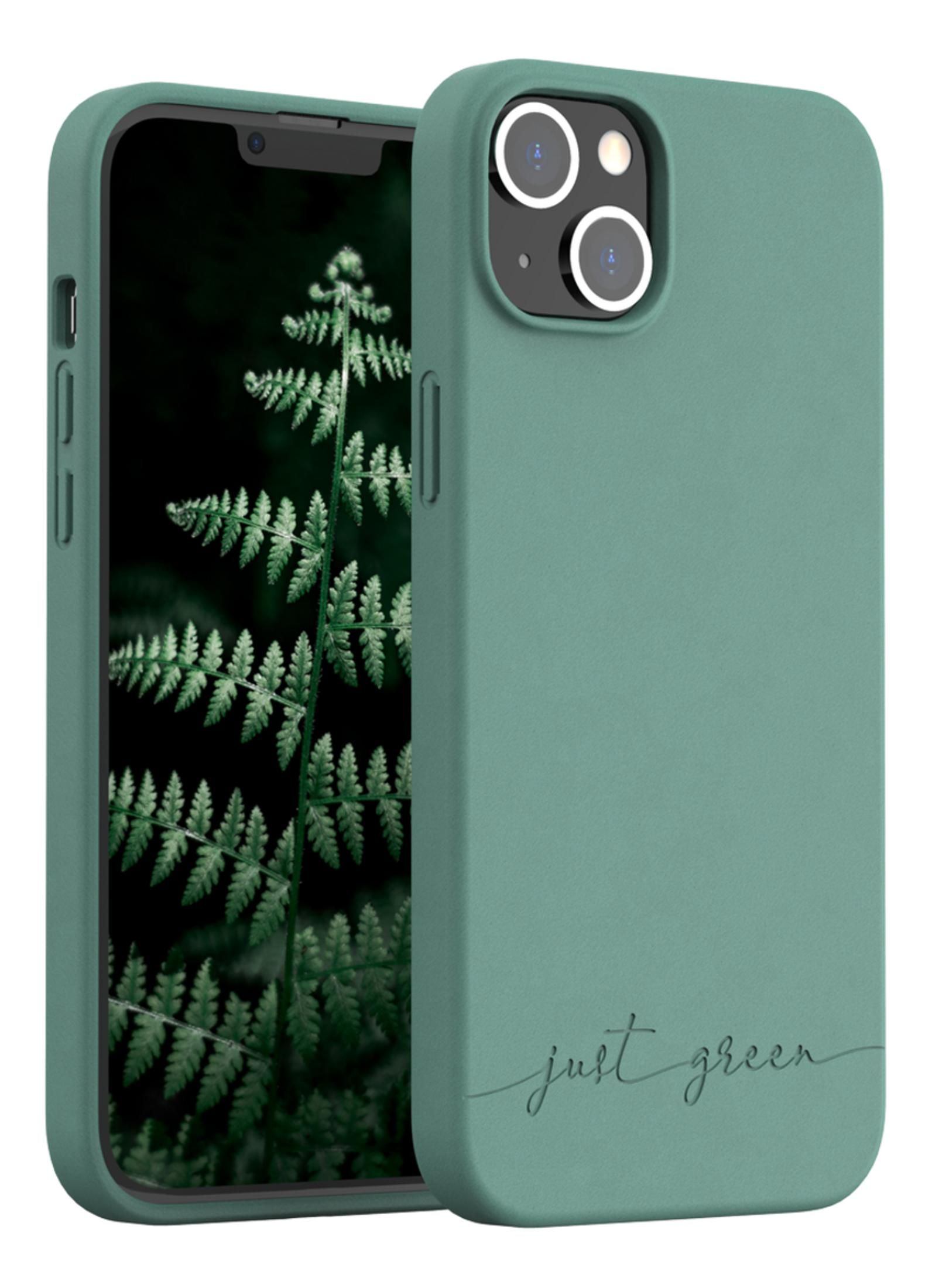 Un iPhone verde con design a felce e scritta "just green".