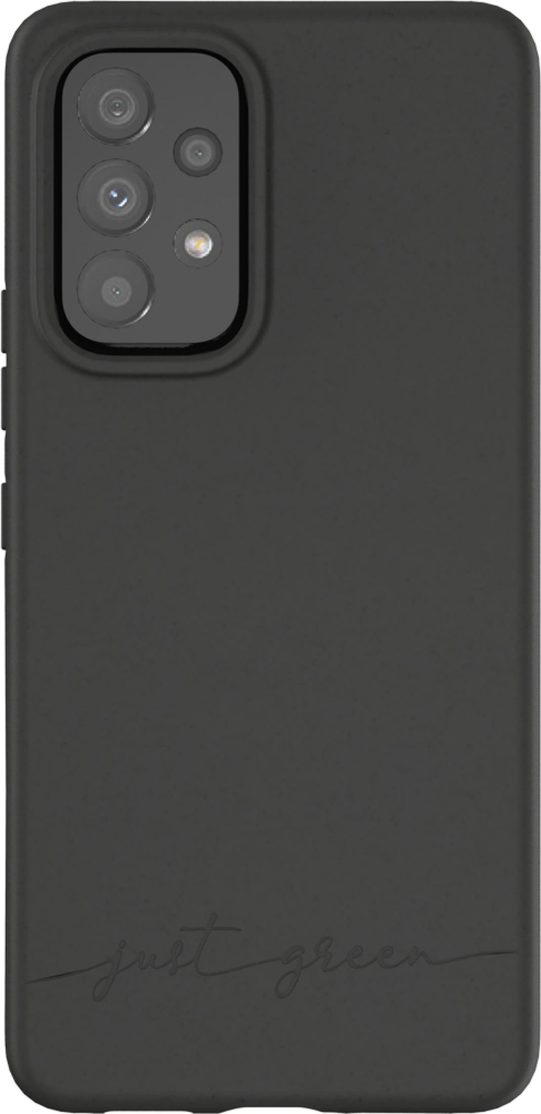 Custodia nera per telefono con ritaglio fotocamera e testo 'just green'.