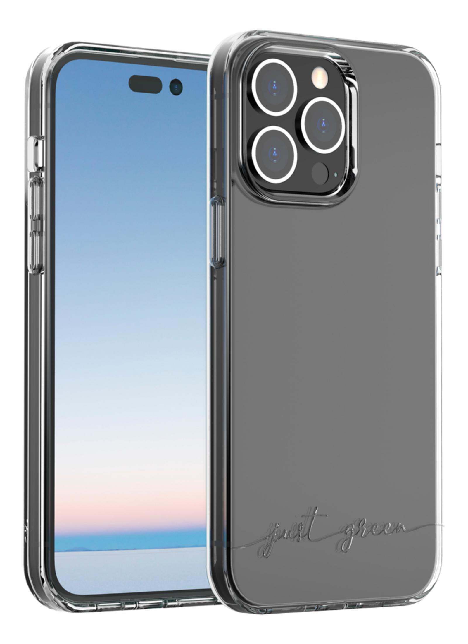 Due custodie trasparenti per telefono, una con retro grigio e logo 'just green'.