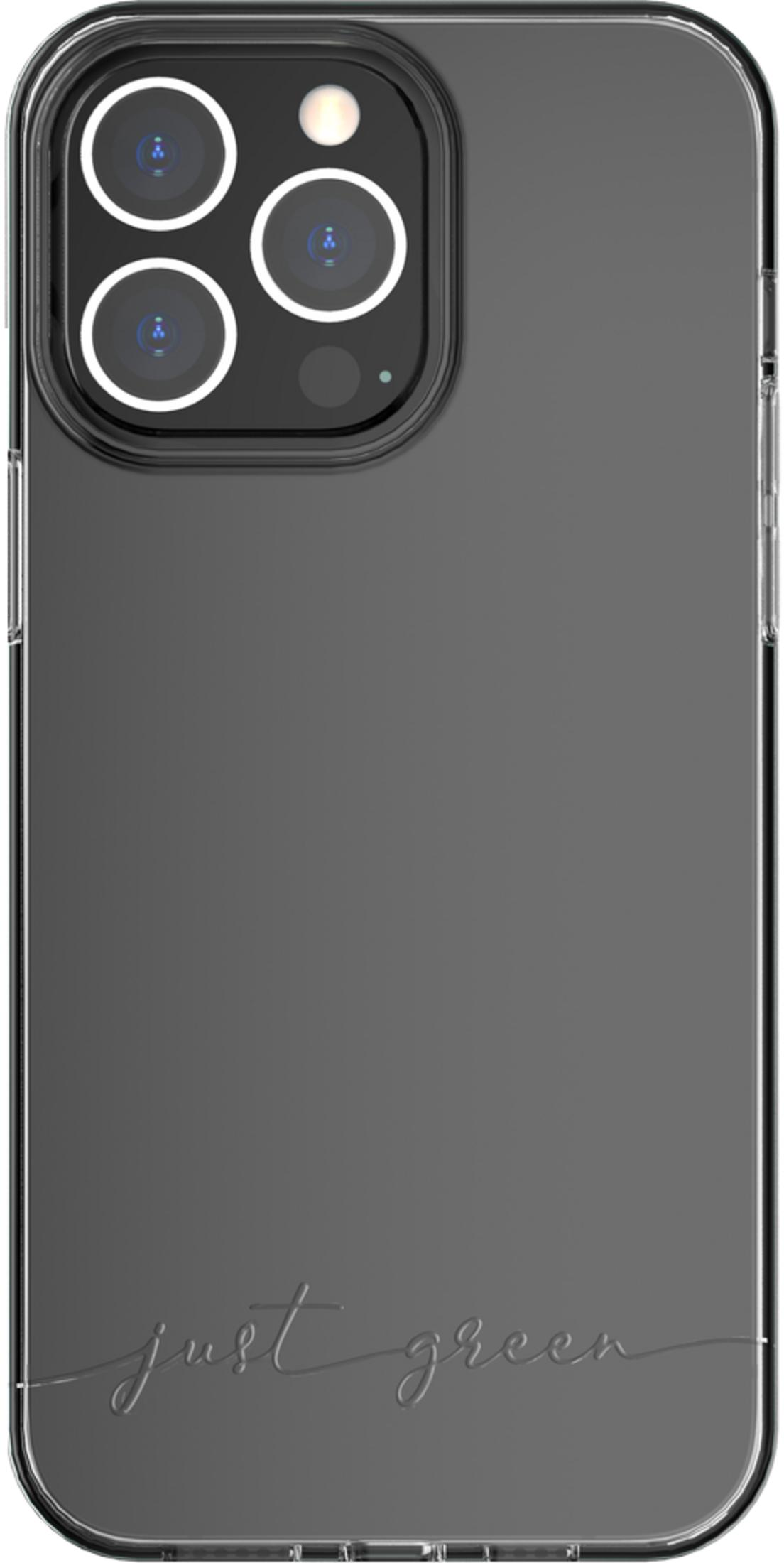 Custodia grigia con testo "just green" e array fotocamera.
