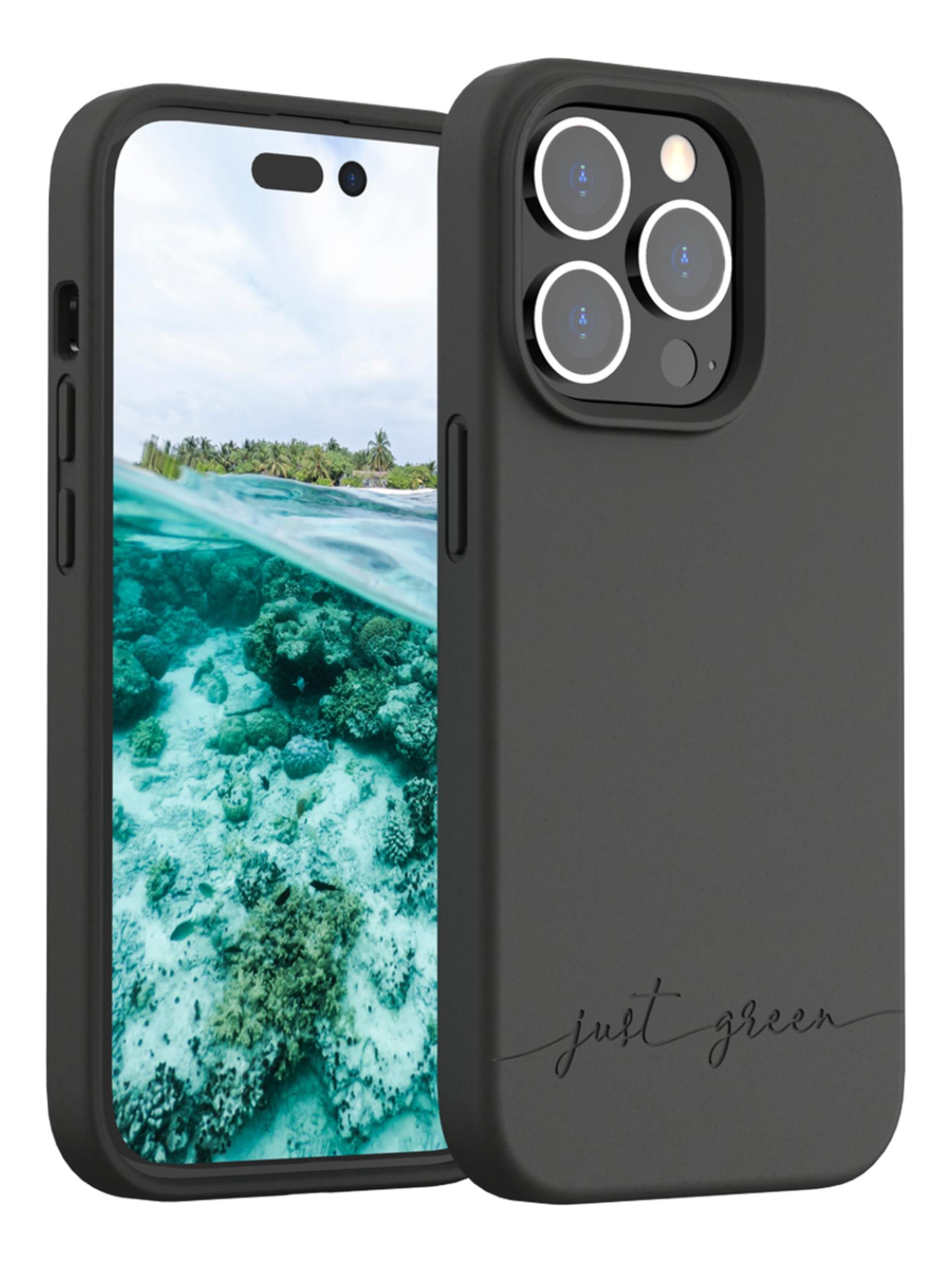 Schwarzes iPhone-Case mit Unterwasser-Szene auf dem Display und Kameramodul.