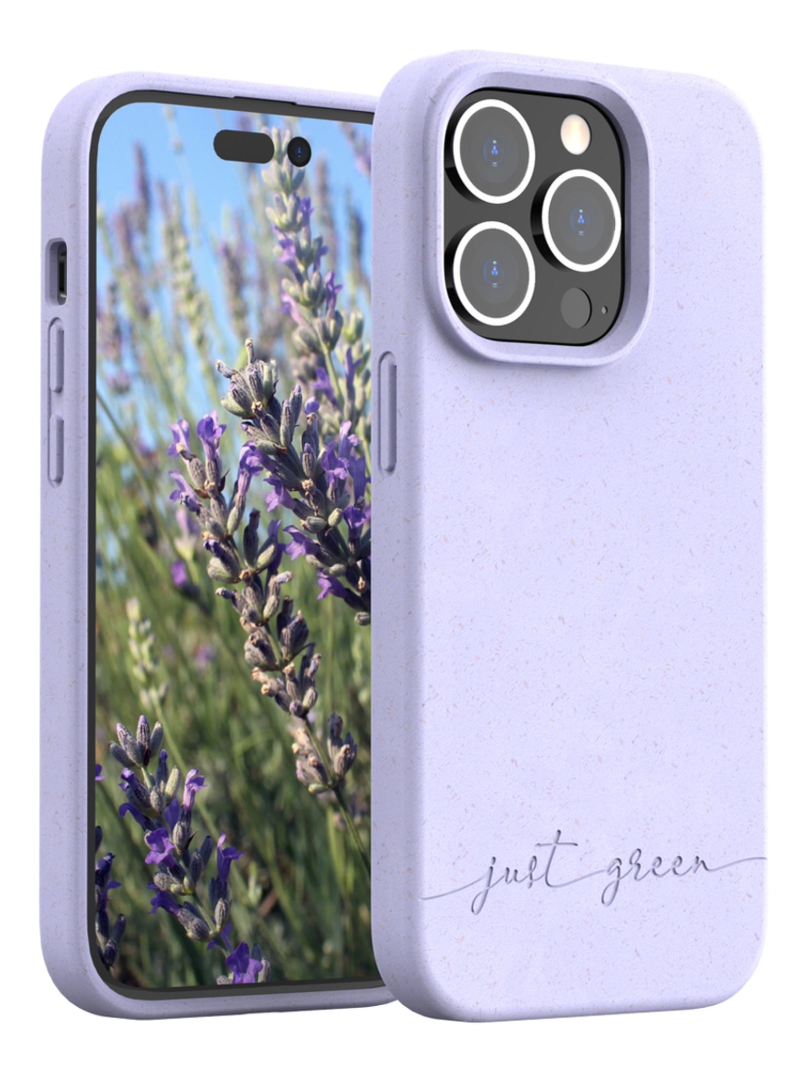 Ein lila Handyhülle mit Lavendel-Hintergrund und dem Schriftzug „just green“.