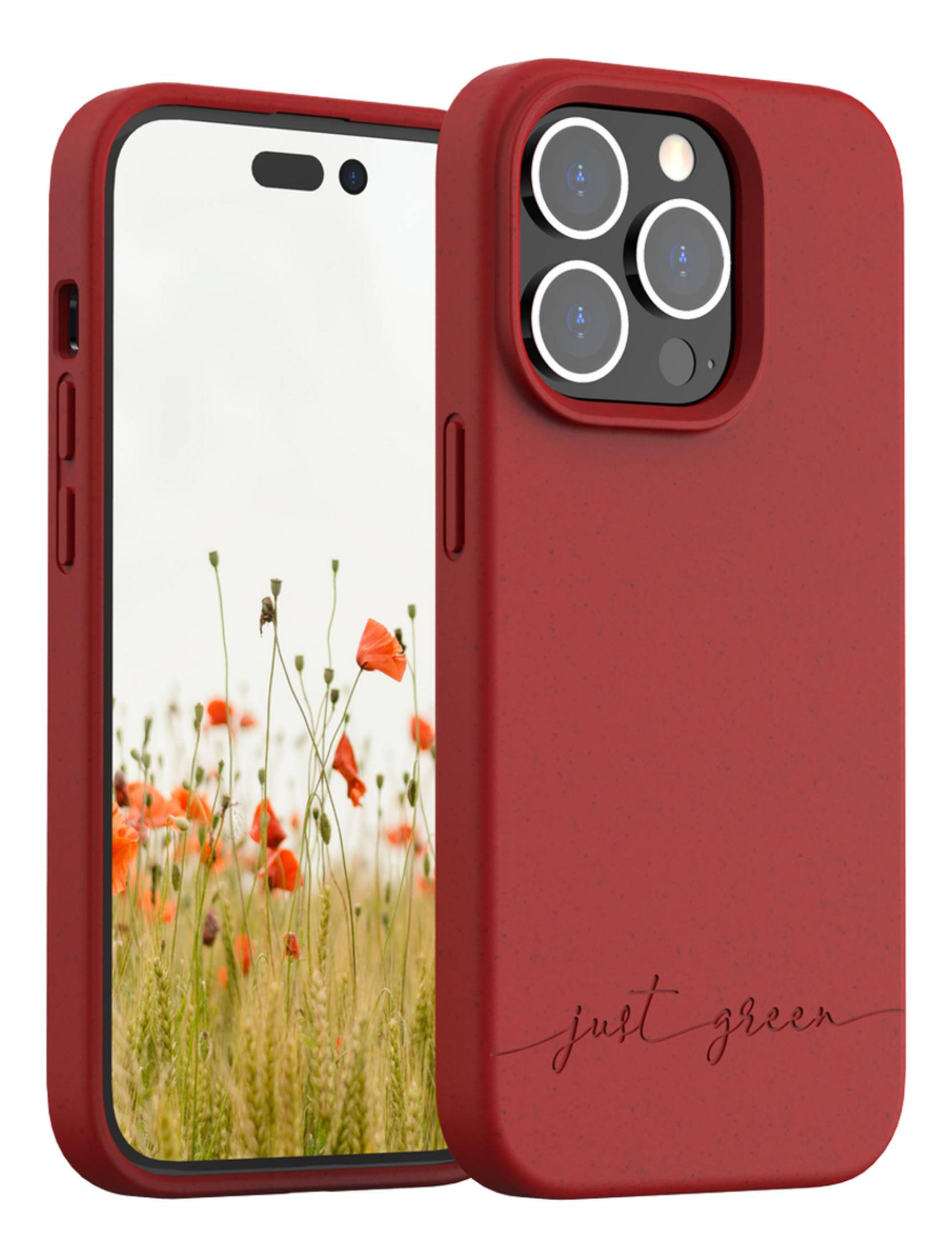 Rote Handyhülle mit Kamera-Setup und Feld mit Mohnblumen auf dem Display.