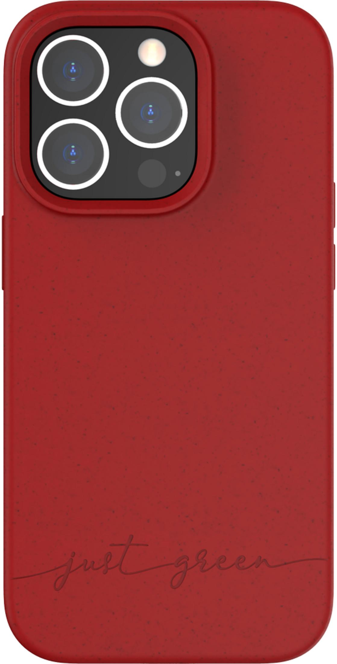 Rote Handyhülle mit vierfacher Kamera und "just green" Schriftzug.