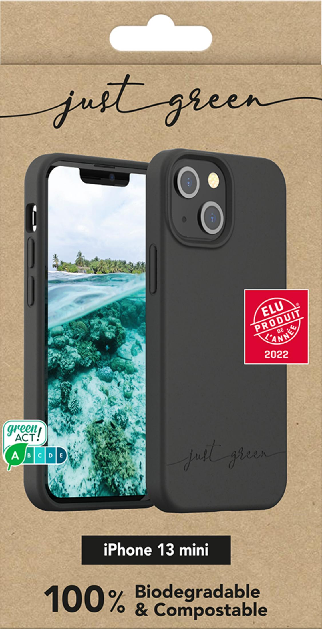 Custodia nera per iPhone 13 mini con immagine tropicale e certificazioni ecologiche.