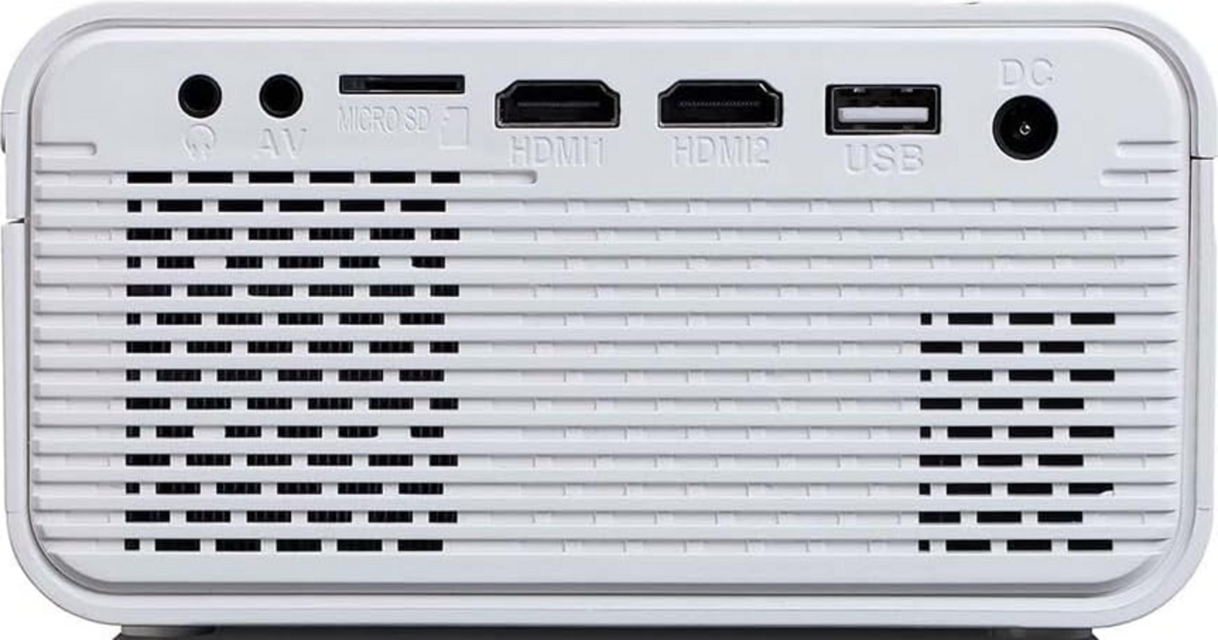 Biały tył projektora z portami: AV, Micro-SD, HDMI 1, HDMI 2, USB, DC.