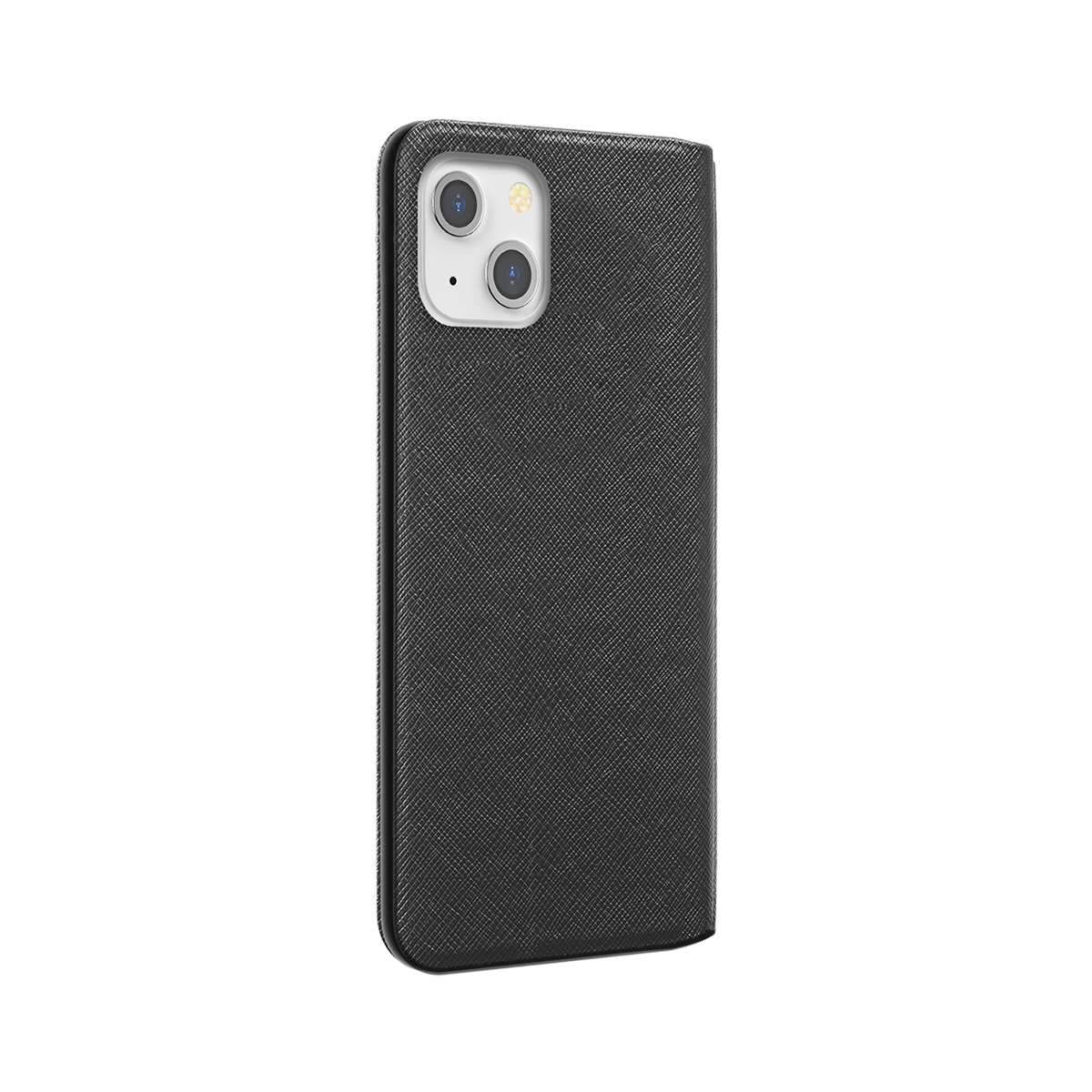 Custodia nera per telefono con ritaglio fotocamera su sfondo bianco.